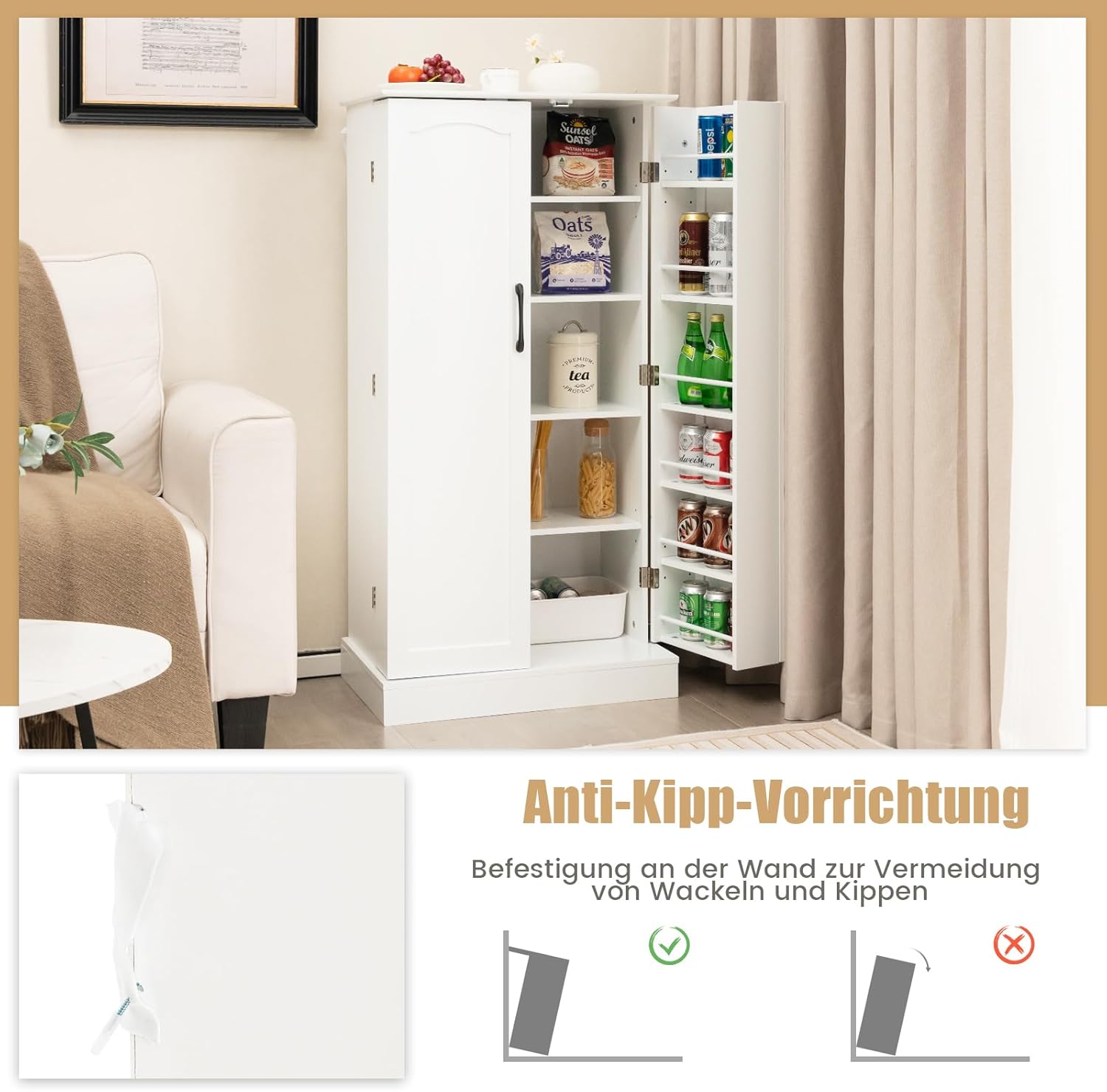 GOPLUS Vorratsschrank mit Türen, 120cm hoch Küchenschrank mit verstellbaren Regalen & Metallgriffen, Mehrzweckschrank Aufbewahrungsschrank für Küche, Esszimmer, & Wohnzimmer (Weiß)