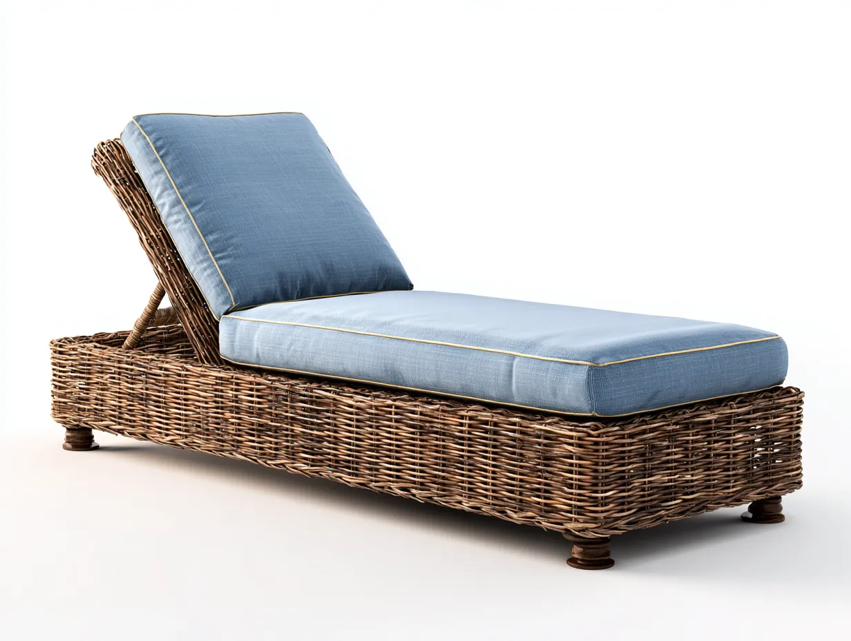 Sonnenliege-Rattan-Holz-Stoff-203 x 71 x 87 cm-Blau-Natur-Moderner Outdoor-Stil