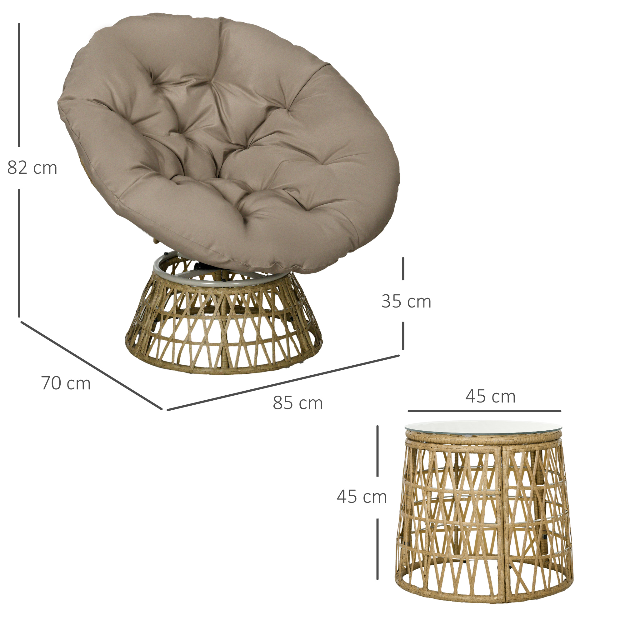 Tuinmeubelset 3-delig, Bistroset - Weerbestendig - Afneembare kussens - 85 cm x 70 cm x 82 cm - Natuurlijk + Lichtbruin