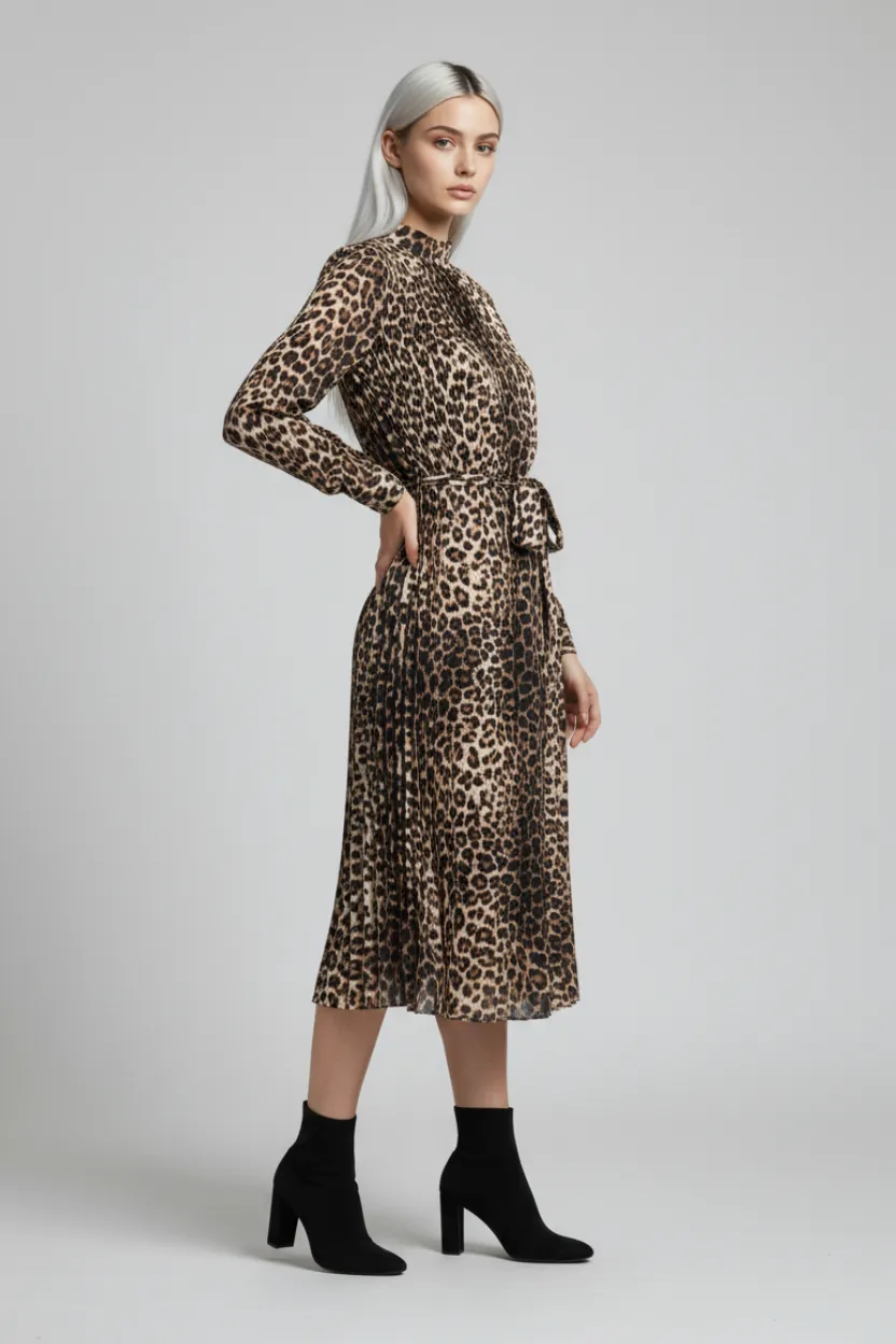 Brown Leopard Print Full-Length Dress with Waist Belt