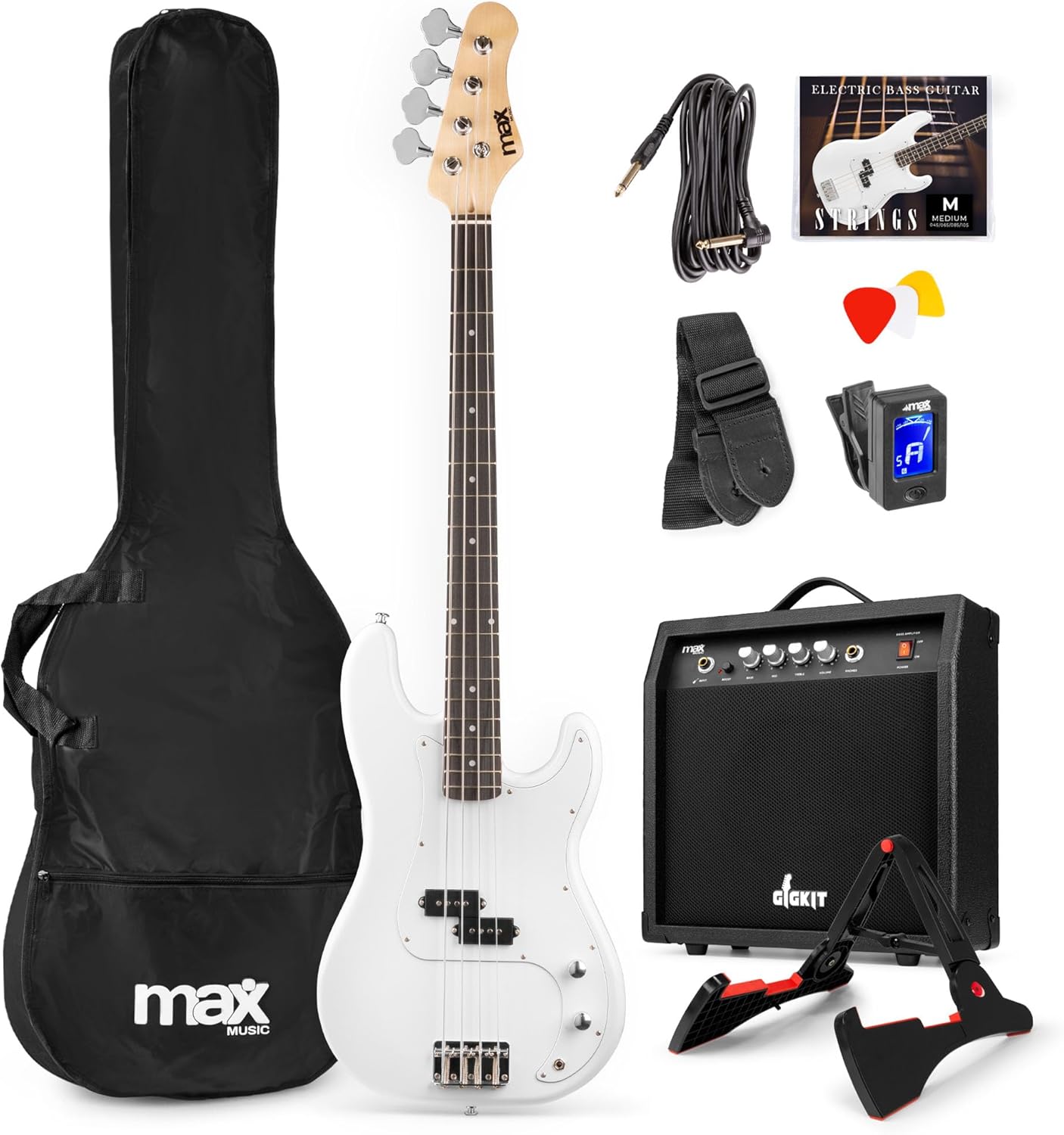 MAX GigKit Bassgitarre Set, E Bass Gitarre, Bass Guitar mit Gitarrenverstärker, Tasche, Stimmgerät, Plektren, Ständer, Gurt, Kabel und Ersatzsaiten - 21 Bünde - Weiß