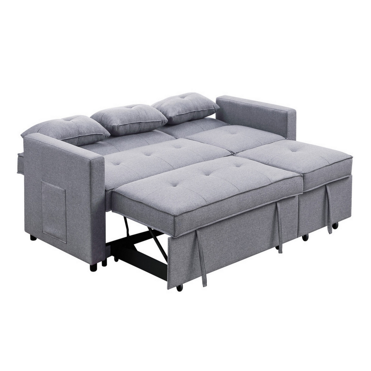 2025 Benjara BM286632 Jayce 80-inch Houten Convertible Sofa Bed met Zijvak, Lichtgrijs en Zwart