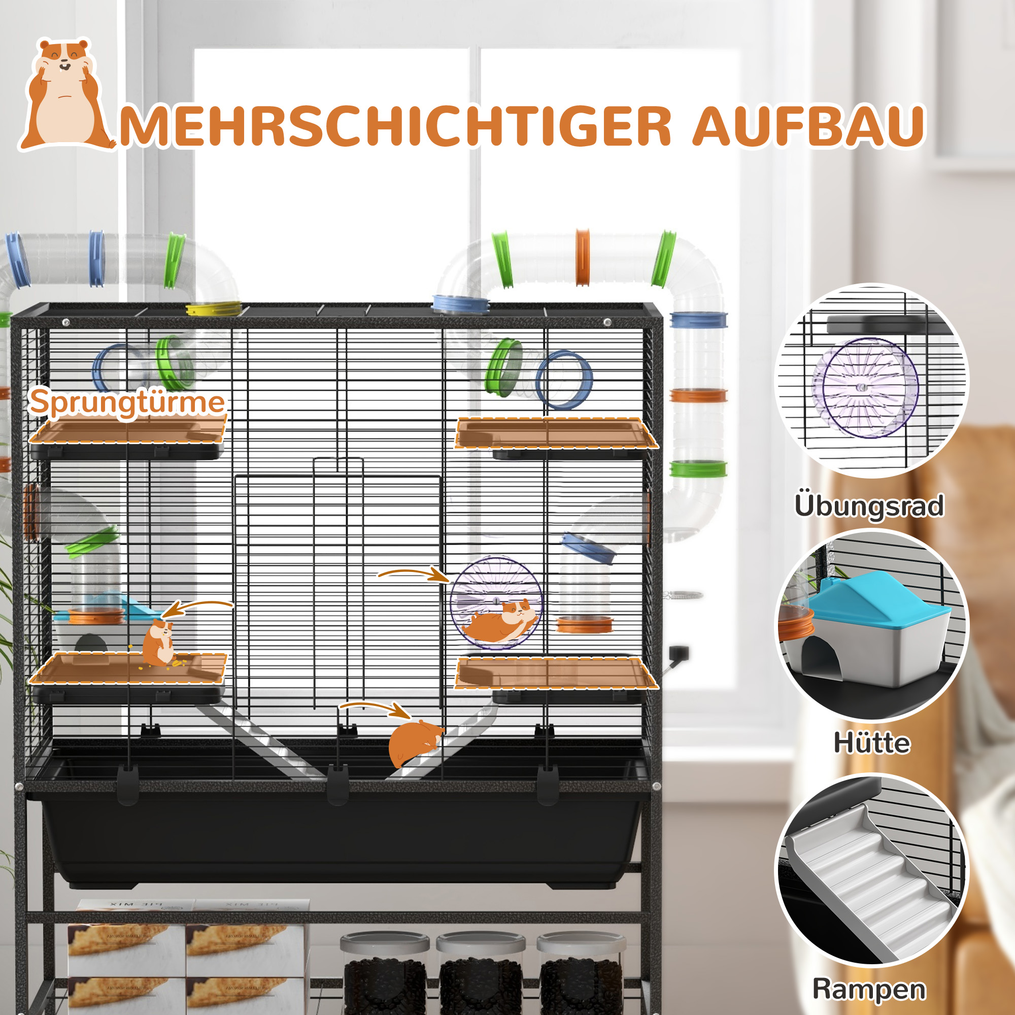 Hamsterkooi met Buizen, Looprad, Huisje, Waterdispenser, 109 x 82 x 46 cm, Zwart