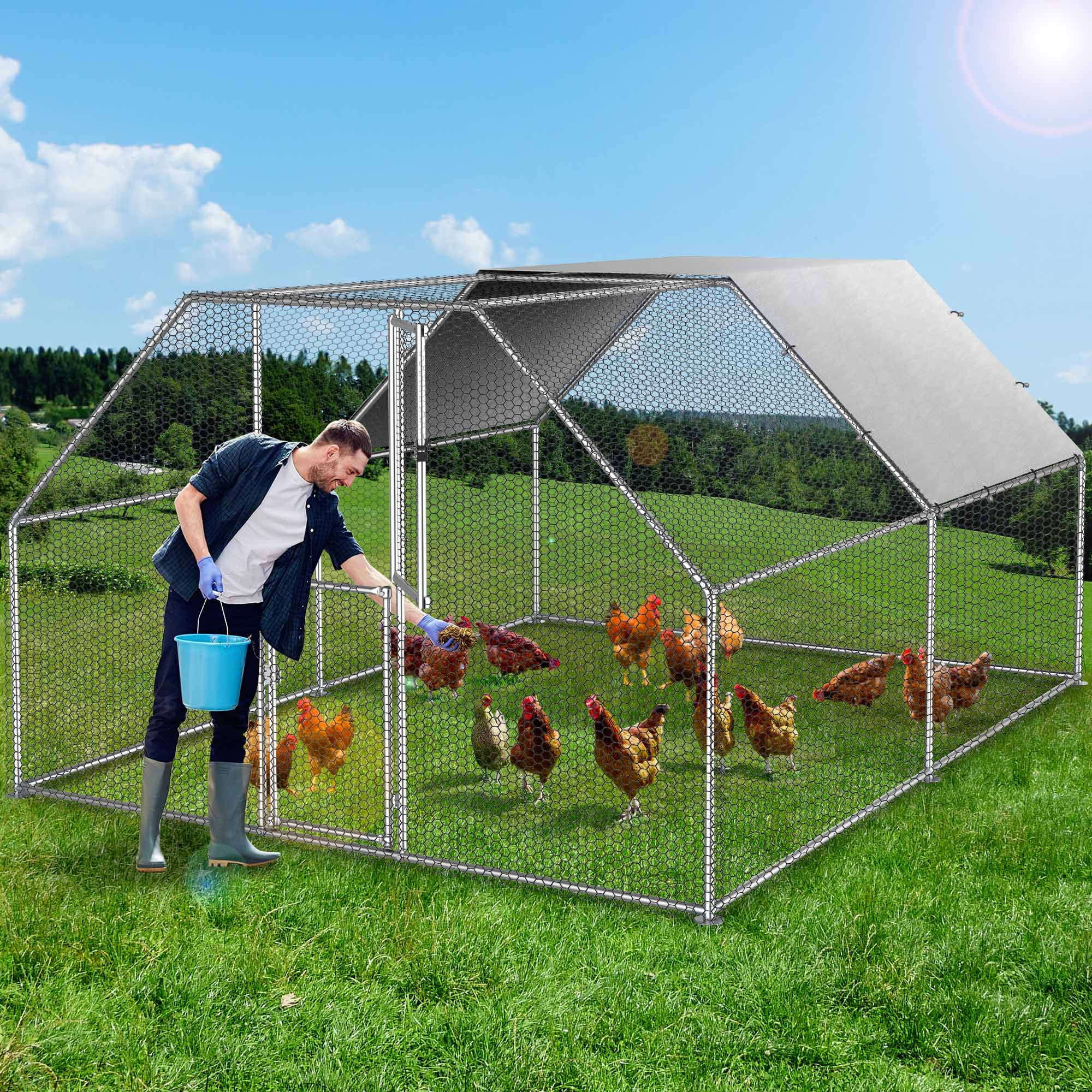 Dextrus Kippenren 40 x 30 x 2 m, grote metalen kippenren in pijlvorm, loopren met waterdichte afdekking en gaas voor tuin en buitengebruik