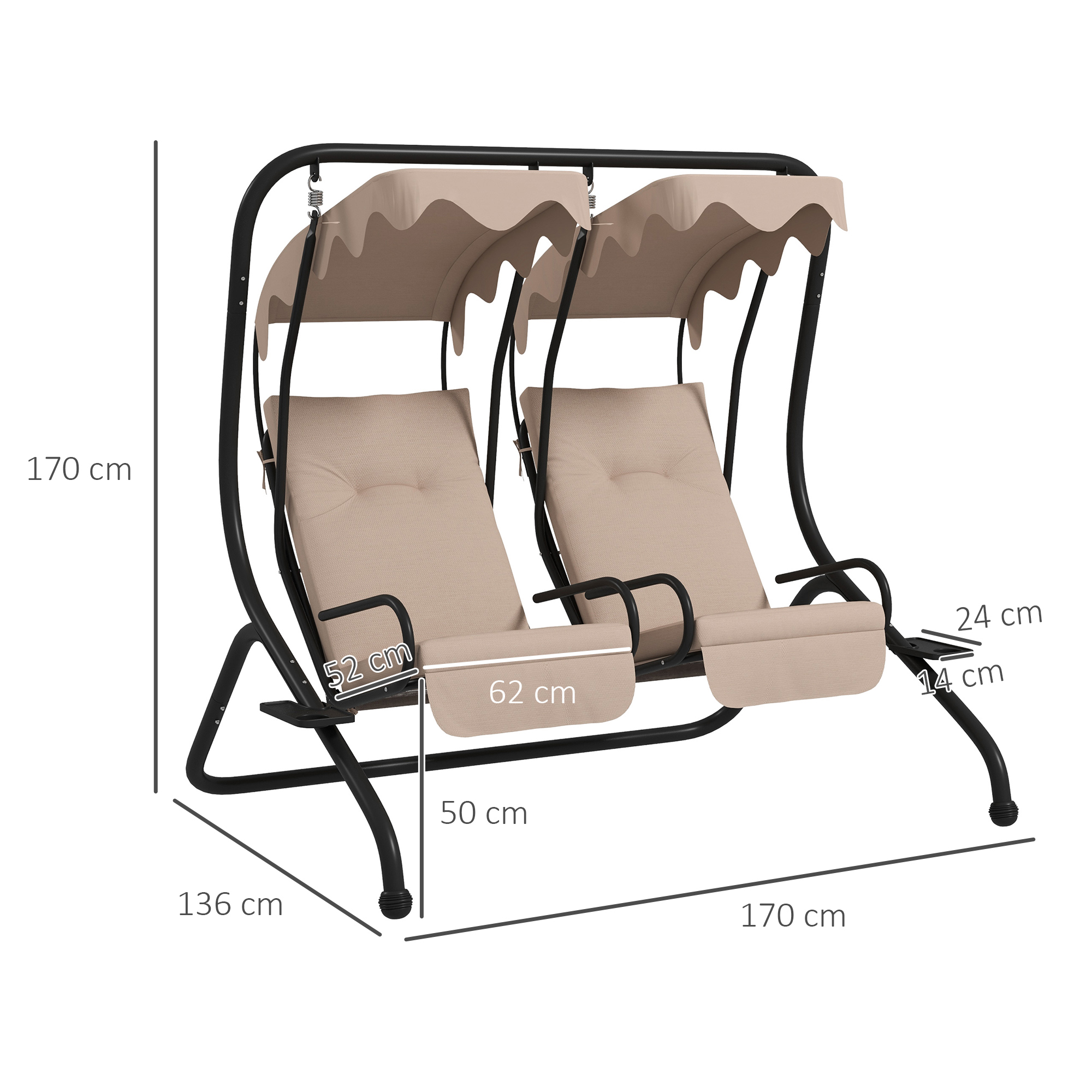 Tuinschommel Hollywoodschommel, weerbestendig, 2 gescheiden zitplaatsen, 2 bekerhouders, 170 cm x 136 cm x 170 cm, Beige