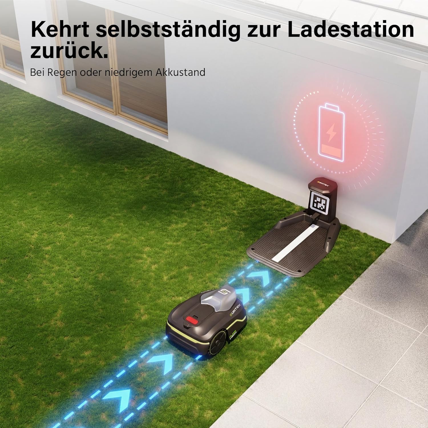 SUNTEK SRM2025 Mähroboter ohne Begrenzungskabel, KI Pure Vision Rasenmäher Roboter für 250 m² mit automatischer Kartierung, 35% Steigung, Wasserdichtigkeit IPX5, Automatische Kartierung mit Garage