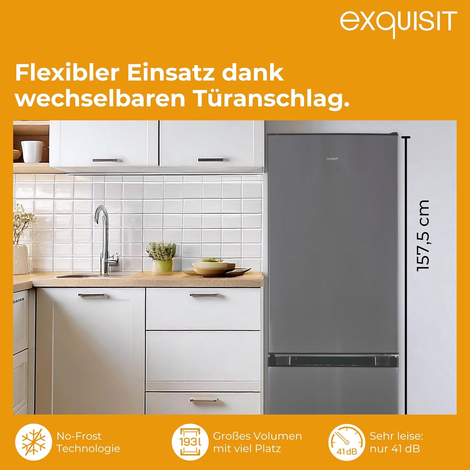 Exquisit Kühl-Gefrierkombination No Frost 193 l – KGC5195 | No-Frost, LED, elektronische Temperaturregelung, Inoxlook, 160 x 51 x 61 cm, Energieklasse E