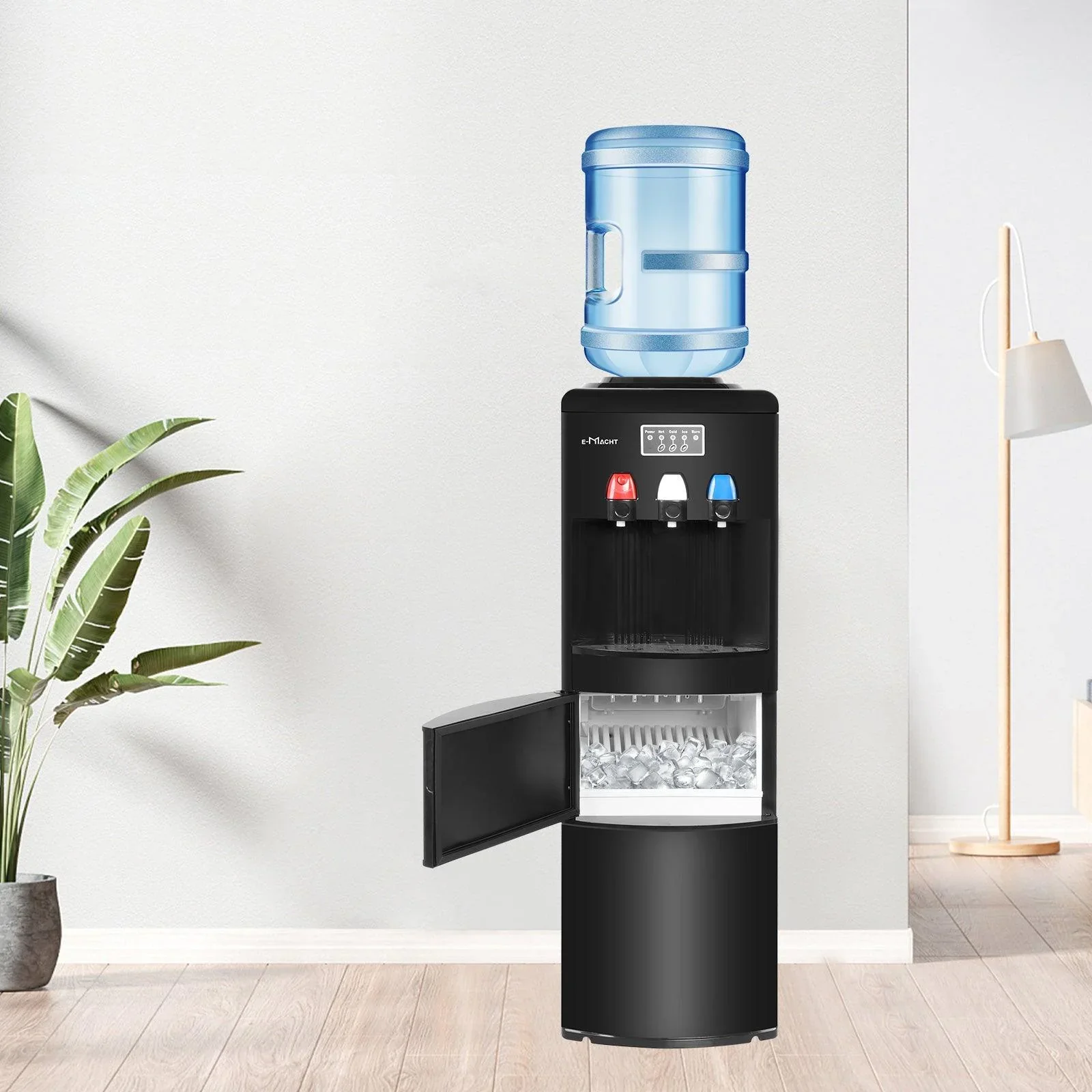 Dispensador de agua 2 en 1 con fábrica de hielo – Para botellas de 3 a 5 galones – Seguridad infantil – Negro