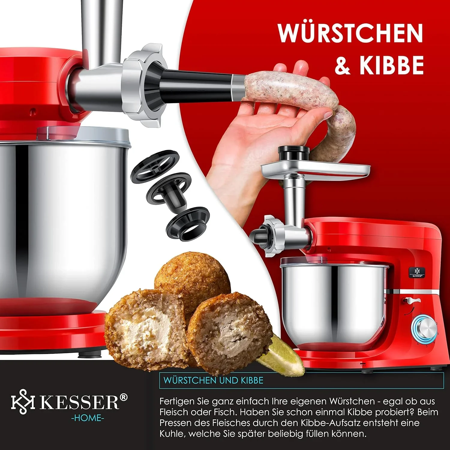 KESSER? 3 in 1 Universal K��chenmaschine K-KM 3000 mit Fleischwolf Knetmaschine Multifunktionale R��hrmaschine 5,5L Sch��ssel mit 3 R��hrwerkzeuge, 1,5L Entsafter, Zubeh?r-Set, Pasta & Geb?ckformen