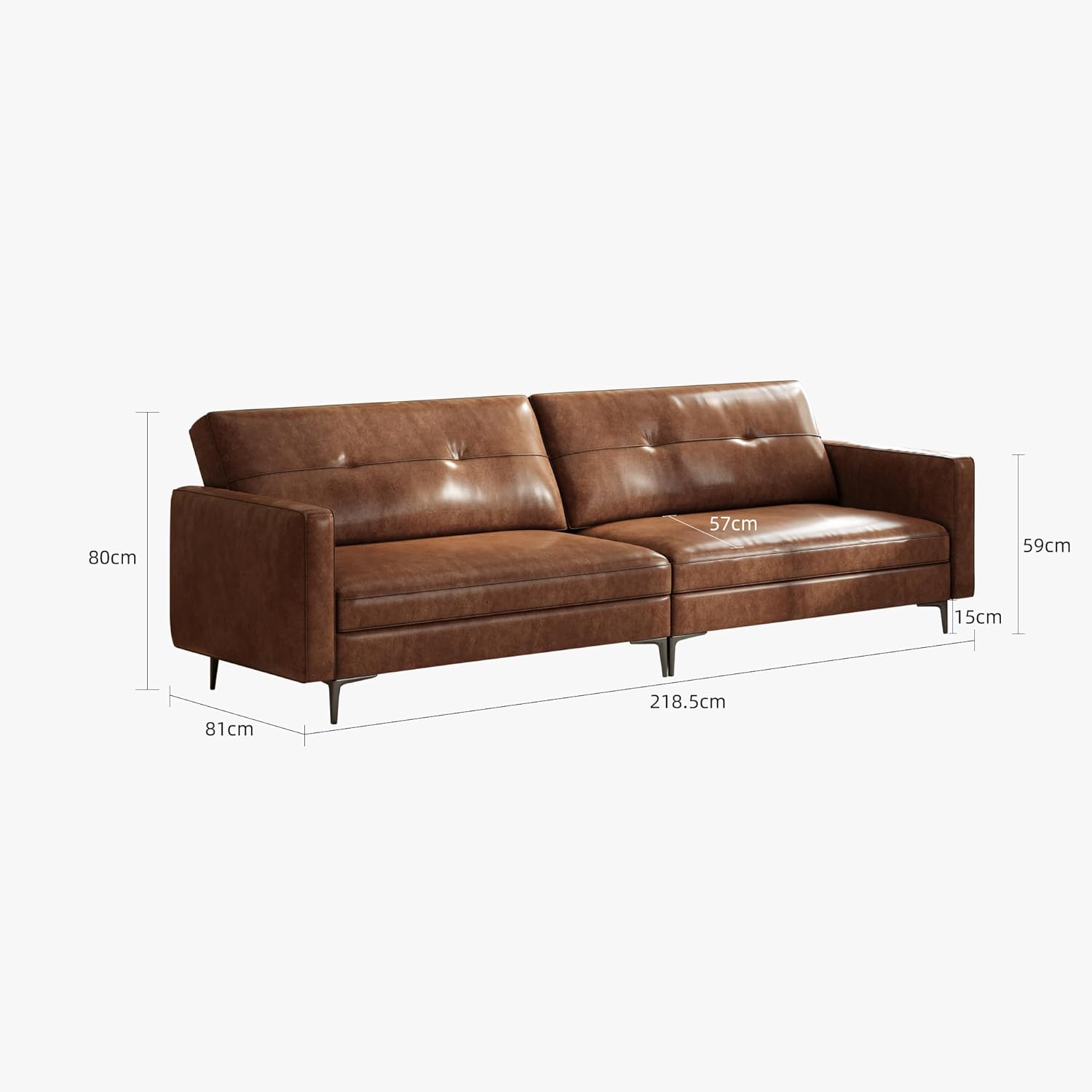 3-Sitzer Sofa in Vintage Lederoptik – Kompaktes Kunstleder Sofa mit Knopfheftung, Metallfüßen & Geraden Armlehnen, Braun – Retro Couch für Wohnzimmer, Büro oder kleine Wohnung (220cm Streifendesign)