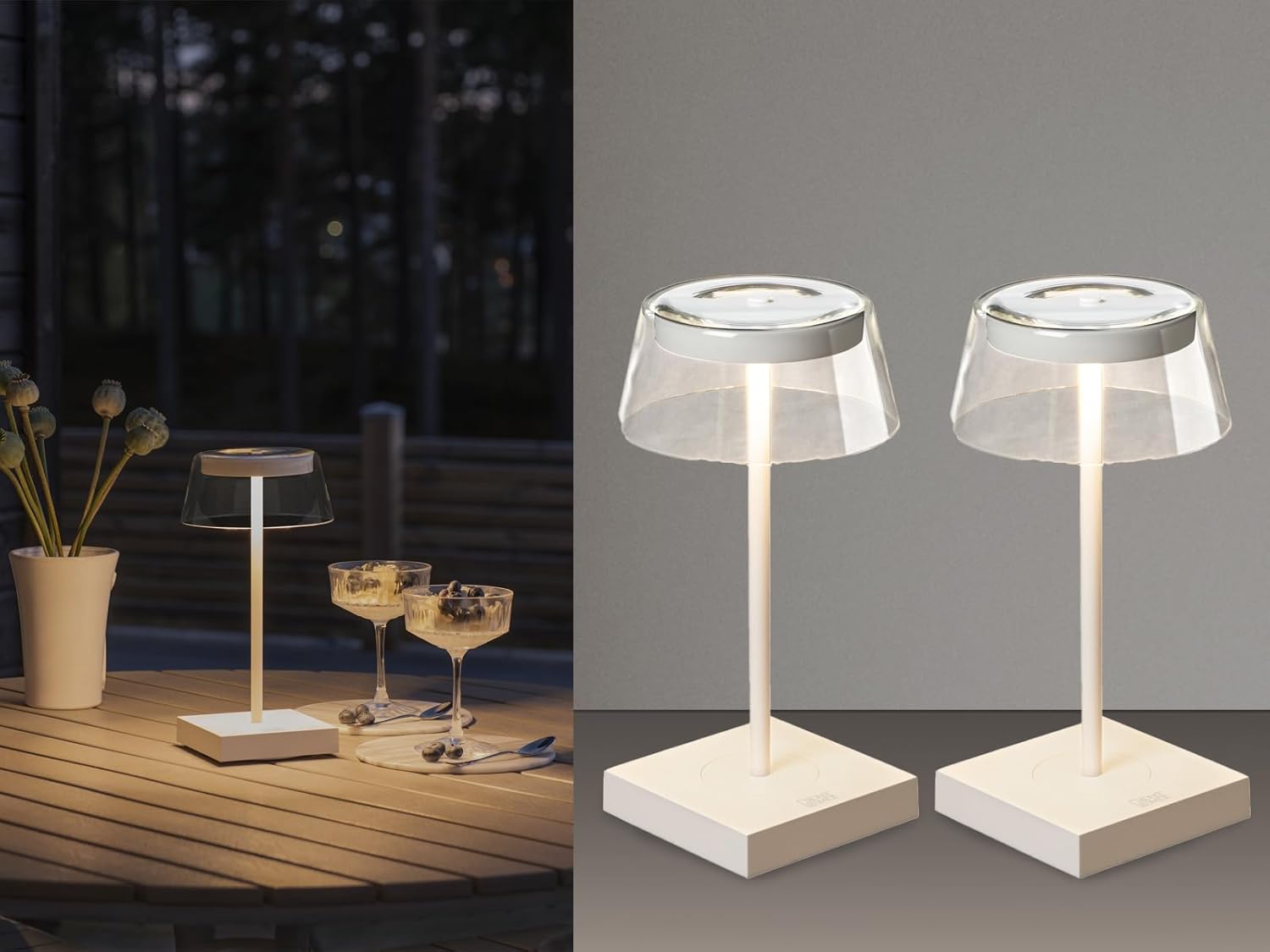 2er Set Wiederaufladbare Akku Tischleuchten mit USB Anschluss, Weiß Höhe 27cm