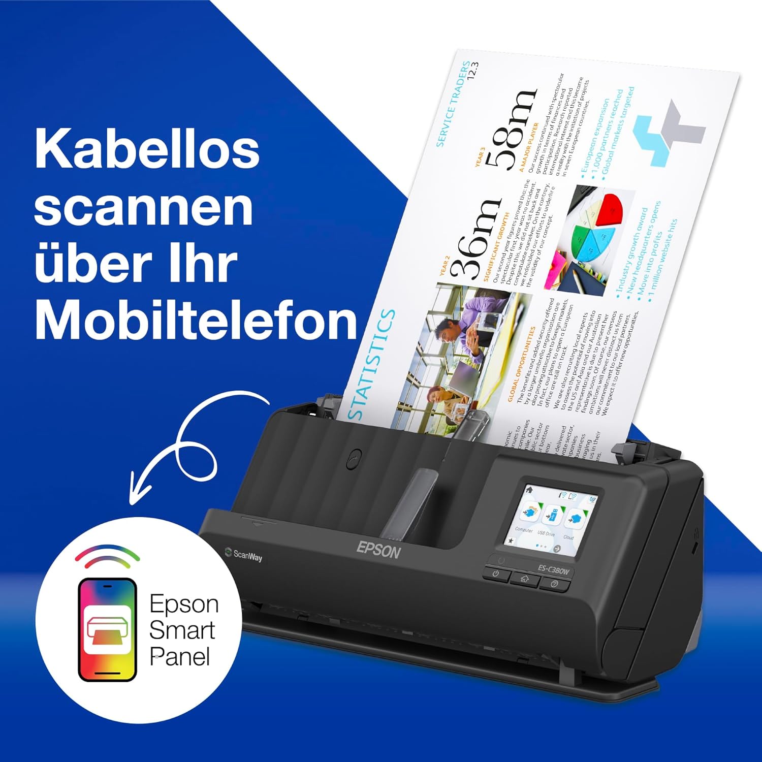Epson WorkForce ES-580W Scanner, Dokumentenscanner (scannt ohne PC, 35 Seiten bzw. 70 Bildern pro Minute, bis DIN A4, beidseitiger Scan in einem Durchgang, automatische Ausrichtung) One size