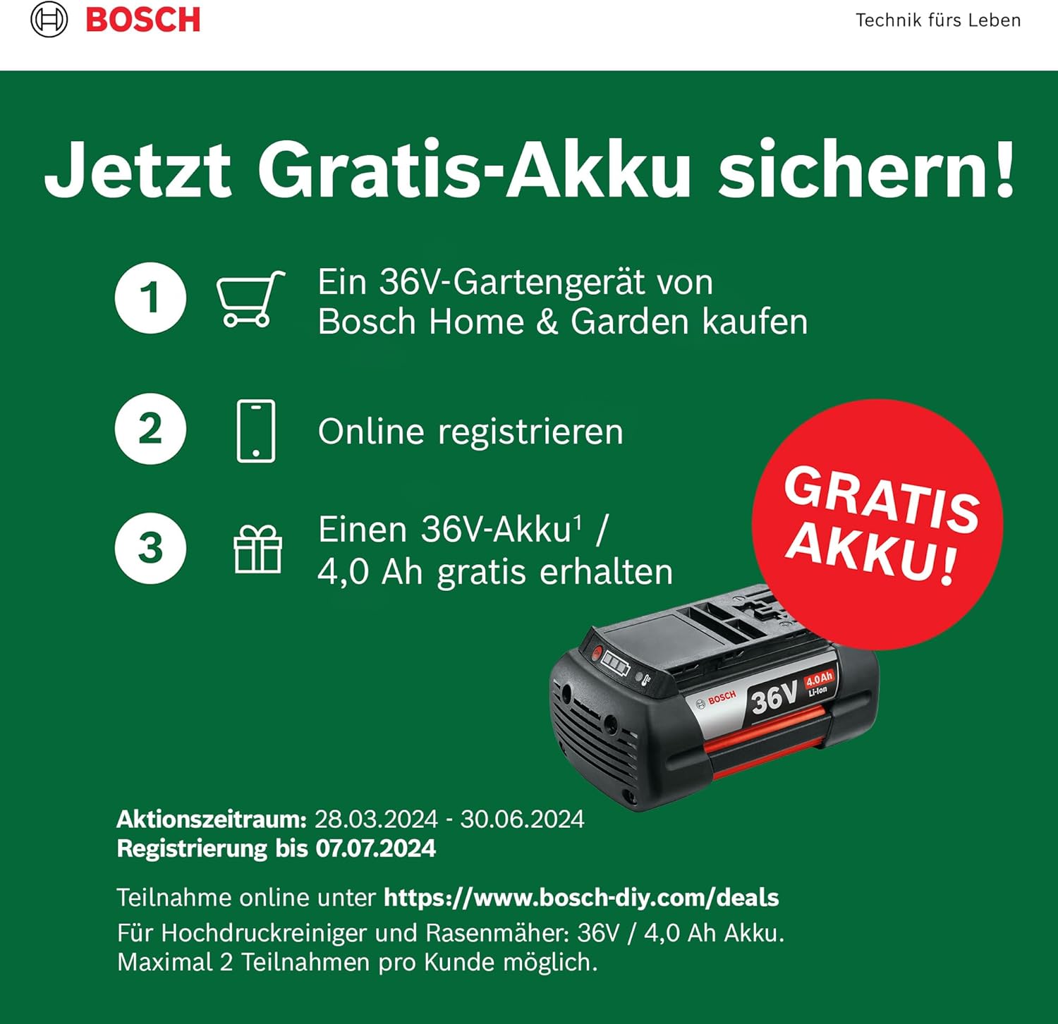 Bosch leistungsstarker Akku-Rasenmäher AdvancedRotak 36V-44-750 (zum Rasenmähen, 36-Volt-System, Schnittbreite: 44 cm, Set, mit 1x 4.0 Ah- Akku und Ladegerät)