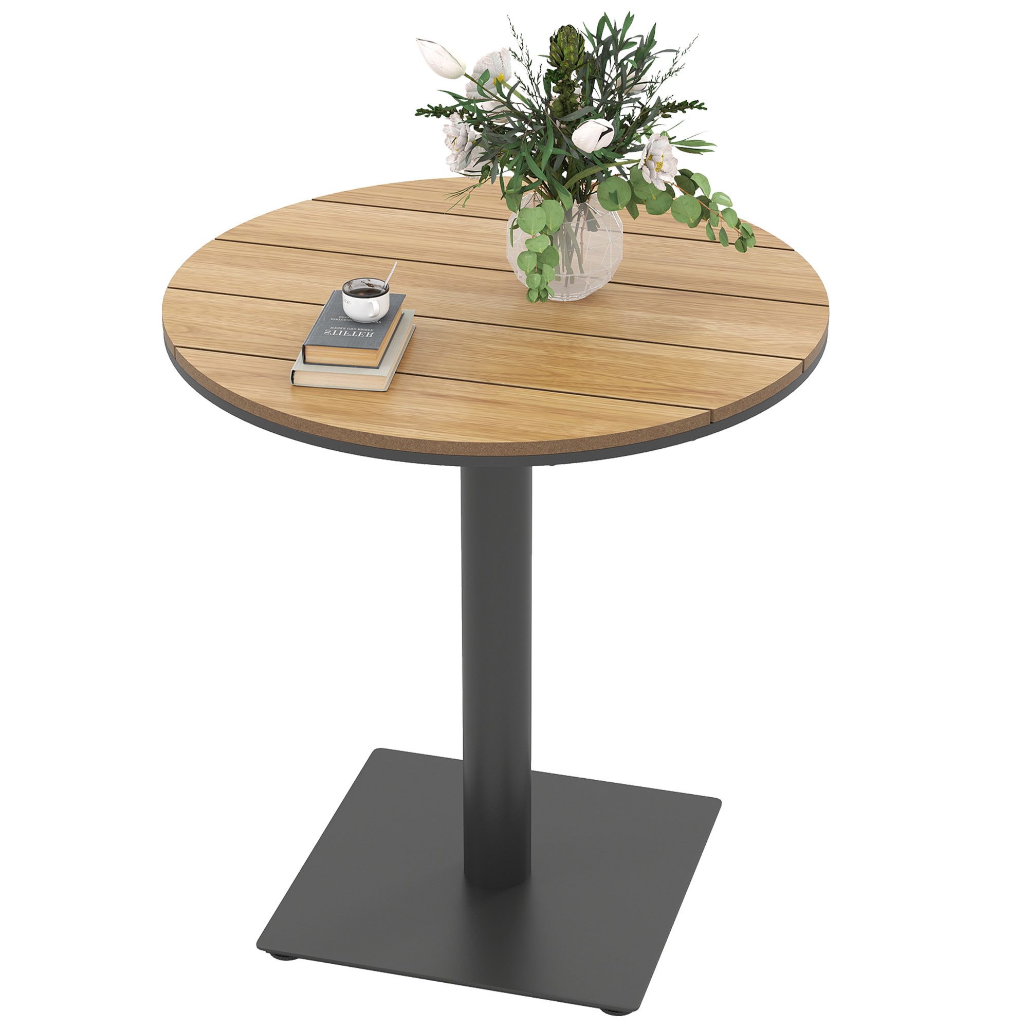 Tuintafel ?70 cm, Weerbestendige Ronde Balkontafel met Lamellenontwerp, Staal ?70 x 74H cm Natuurlijk Hout