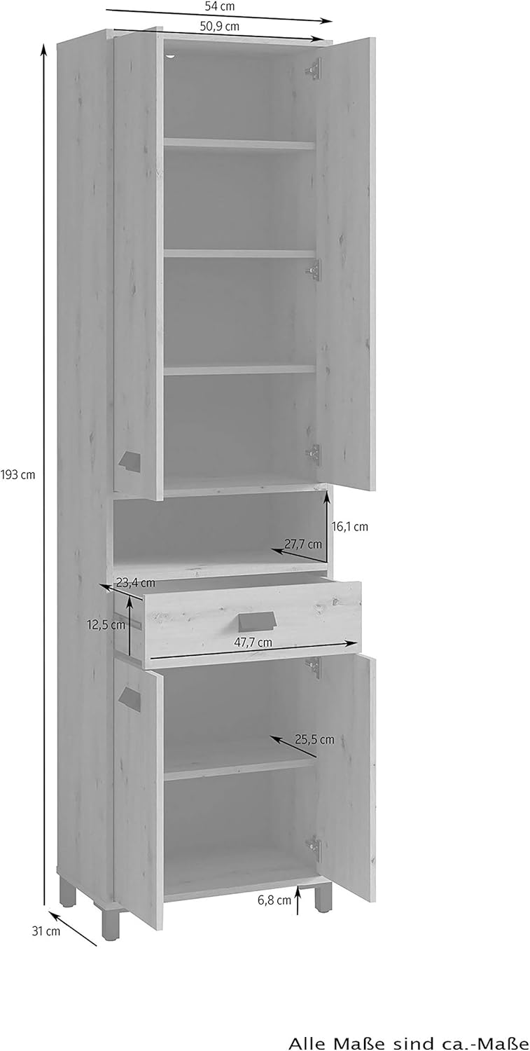 byLIVING Badezimmer-Hochschrank WELLNESS / Badschrank in Artisan Eiche Optik hell-braun / Griffe aus Metall in schwarz / Badezimmerschrank 4 Türen mit offenen Elementen / B 54, H 193, T 31 cm