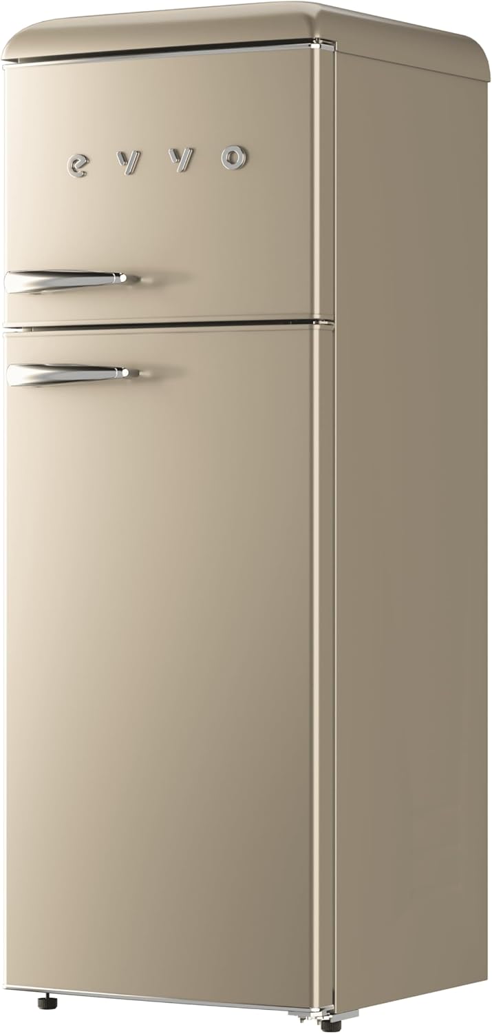EVVO Frigorífico 2 Puertas, Estilo Retro, Refrigerador 170 Litros, Congelador 45 Litros, Diseño Vintage, Cajón Crisper Zone, Libre de Gas CFC, Silencioso. F45 Beige