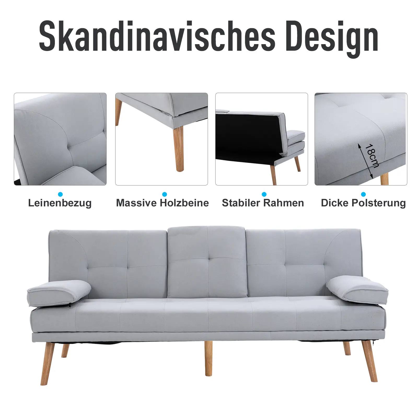 HOMCOM Schlafsofa 3-Sitzer mit verstellbarer Rückenlehne & Tisch hellgrau
