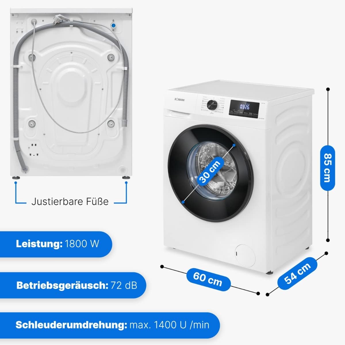 Bomann® Waschmaschine 8kg | max. 1400 U/min | 10 Jahre Motor-Garantie | robuster, leiser & langlebiger Invertermotor | 15 Waschprogramme | LED-Display | Washing Machine mit Dampffunktion | WA 7185