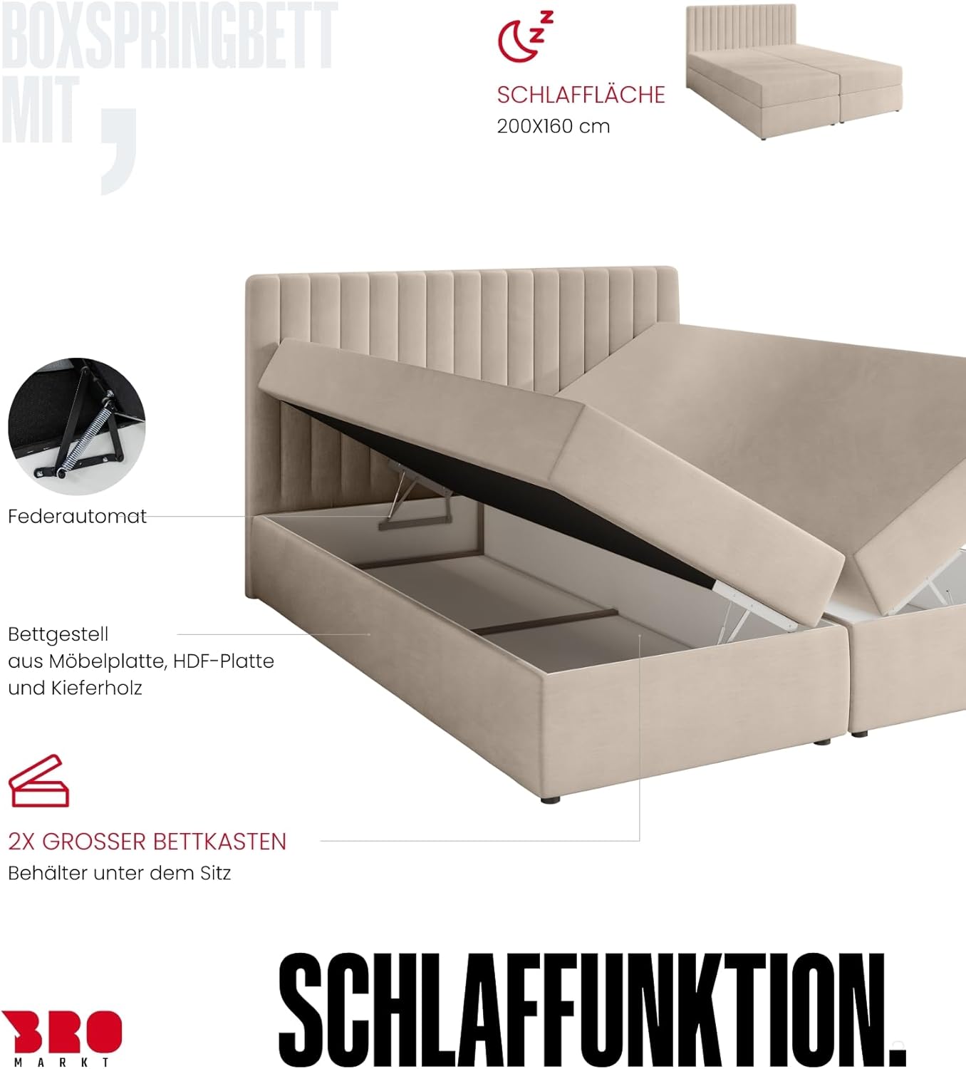 BROMARKT Boxspringbett mit Bettkasten Polsterbett mit Bonell-Matratze und Topper Doppelbett mit Stauraum Bett für Schlafzimmer gepolstertes Kopfteil Dream 160x200 Härtegrad H3 Samtstoff Beige
