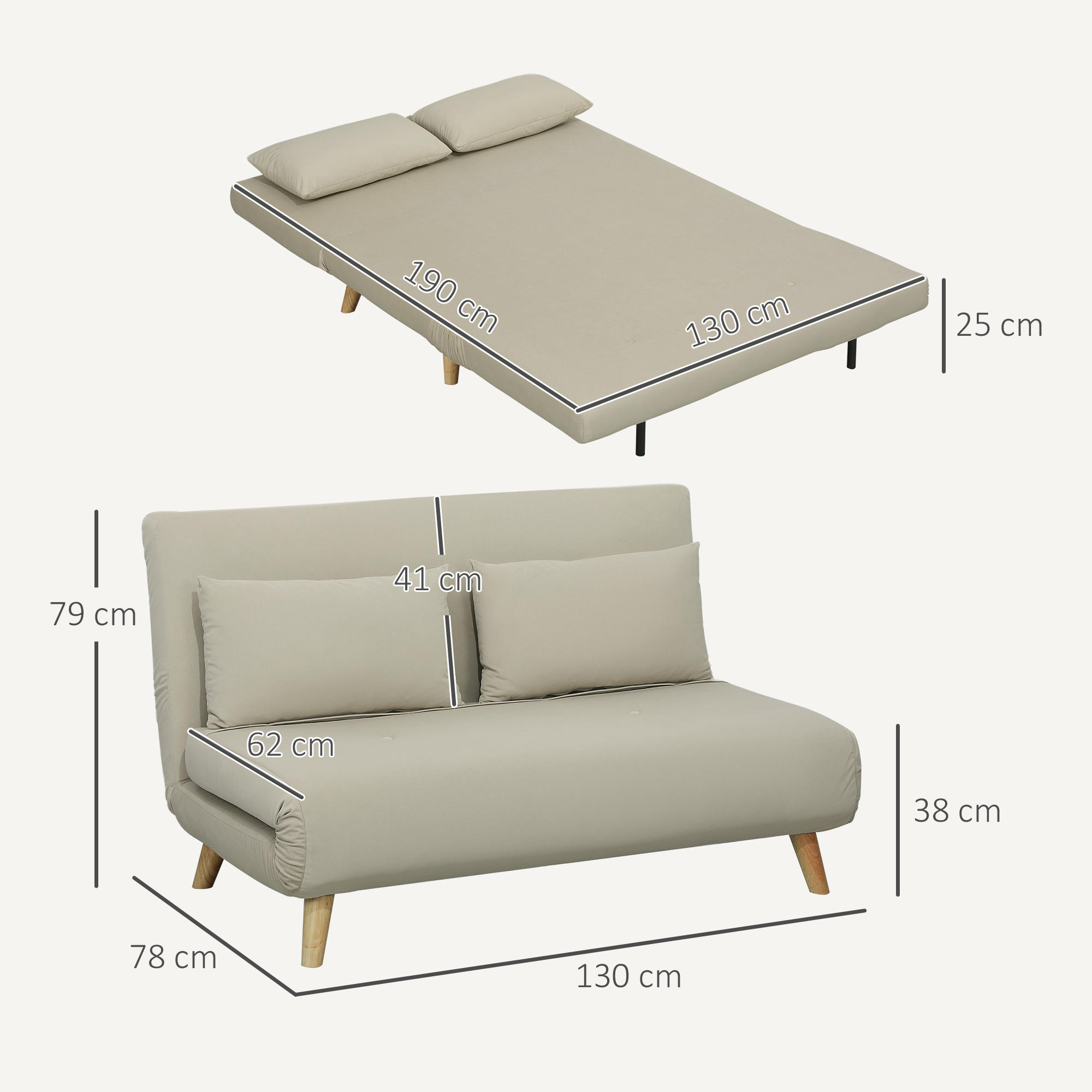 Slaapbank Relaxbank Sofa Couch, Incl. 2 Kussens, Fluweeloptiek, 130 x 78 x 79 cm, Beige