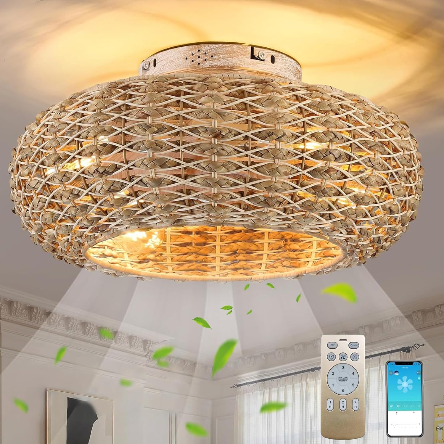 Deckenventilator Mit Beleuchtung Rattan E27 Lampe Mit Ventilator Mit Fernbedienung Und APP Leise 6 Wind Speeds Umkehrbaren Timer Deckenlampe Mit Ventilator Für Wohnzimmer Schlafzimmer Esszimmer ,50cm