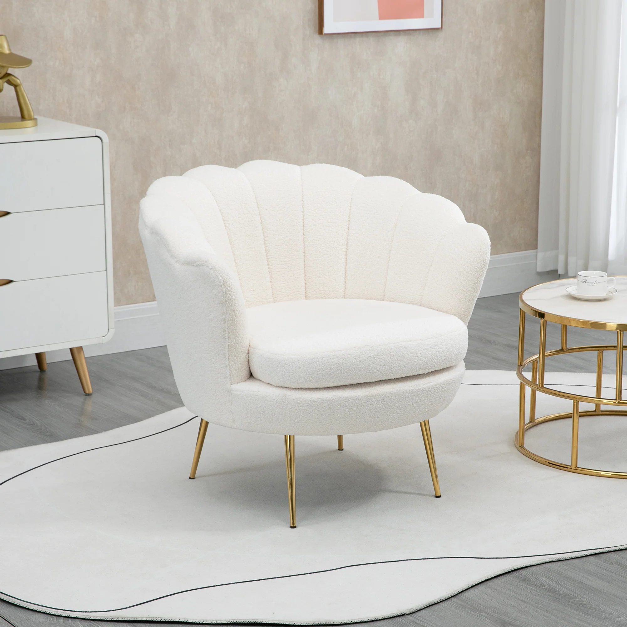 HOMCOM Fauteuil in Schelpvorm, Relaxstoel, Ontspanningsstoel, Metalen Poten in Goudlook, 79D x 77B x 77H cm, Wit
