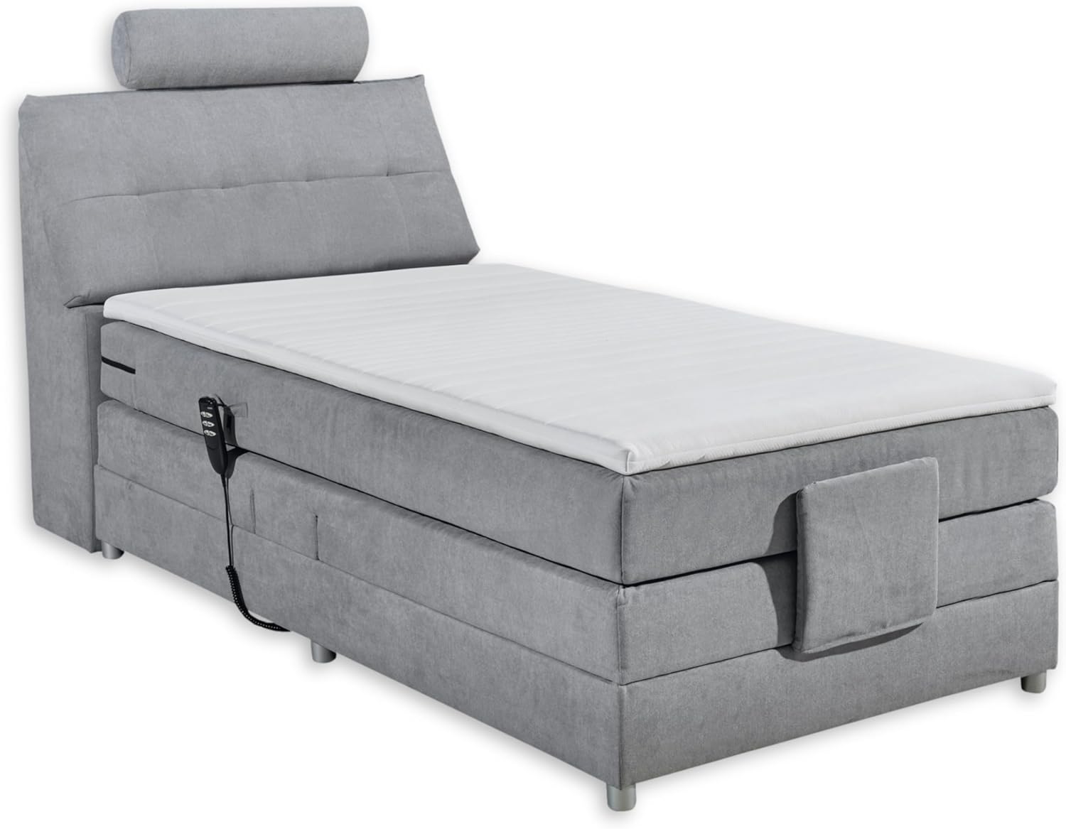 PALERMO 2 Boxspringbett 120x200 elektrisch verstellbar, Hellgrau - Bequemes Einzelbett mit dekorativer Steppung & Komfortschaum Topper - 120 x 127 x 234 cm (B/H/T)