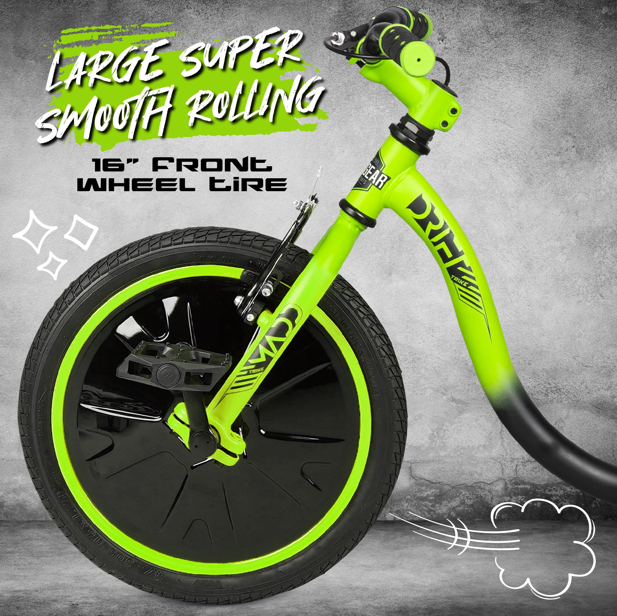 Madd Gear Drift Trike Strong Steel Frame Tricycle Adjustable Seat Black Green Machine 5 Years & up