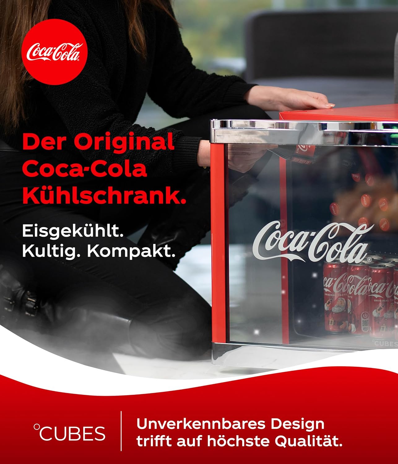 °CUBES Original Coca-Cola Mini Kühlschrank Rot 48L - Getränkekühlschrank mit Glastür, leise  und  energieeffizient - Für Büro, Partys  und  Gaming - Cooler Flaschenkühlschrank - Mini Kühlschrank für Getränke