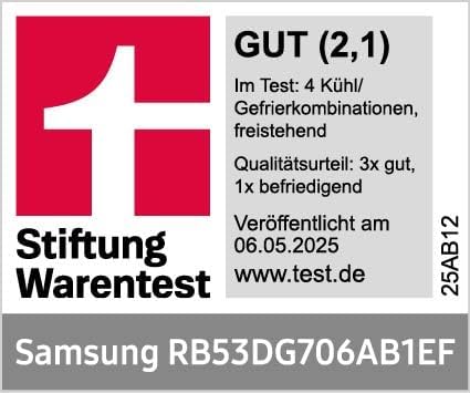Samsung RB53DG706AB1EF Kühl-Gefrierkombination, 203 cm, 538 l, Extra breit (75 cm), Kühlschrank mit Gefrierfach, Wifi & AI Energy Mode, Twin Cooling+, Twist Ice Maker, Premium Black Steel