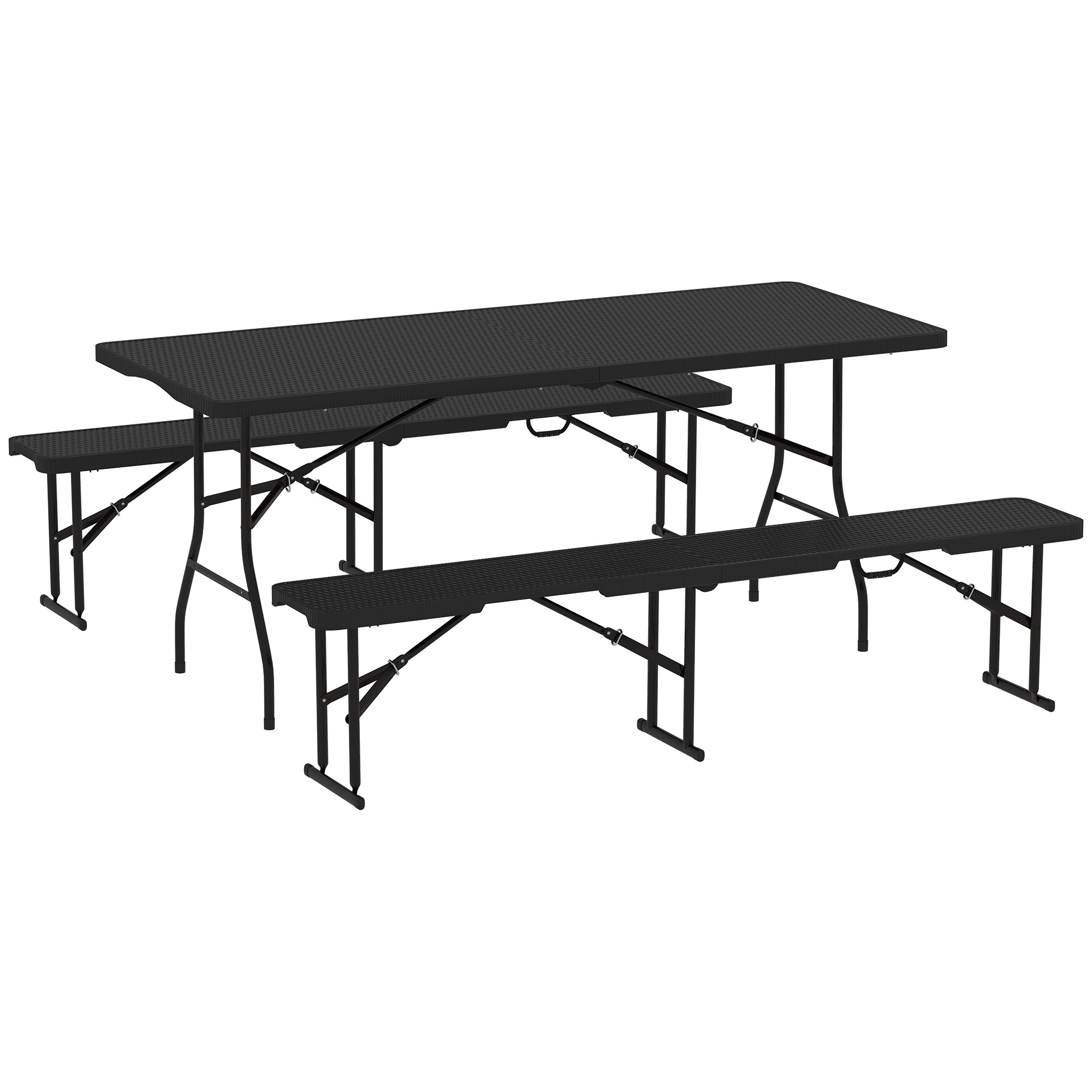 Outsunny Picknicktafel en Banken, 3-Delige Set, Opvouwbaar, Kunststof, Metaal, Zwart