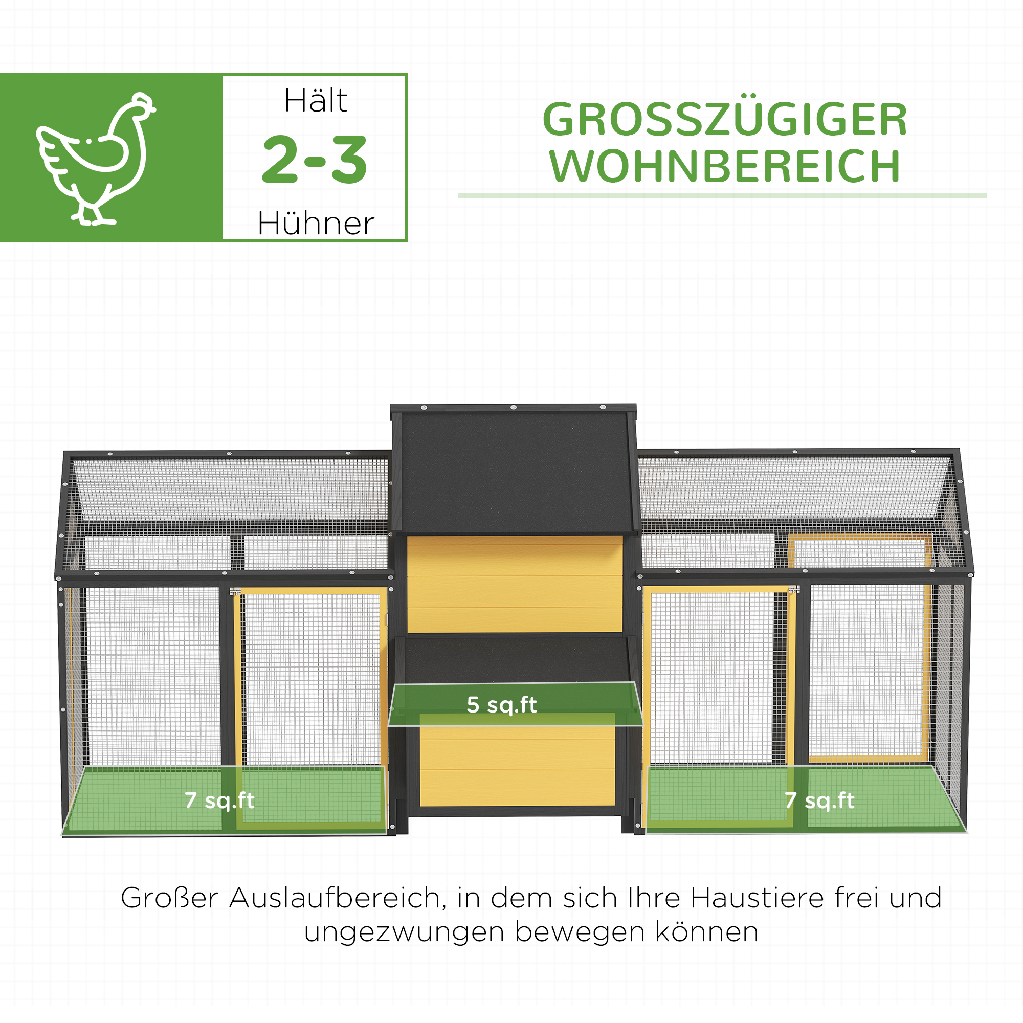 Kippenhok Kleindierenhok 2 Buitenrennen, 1 Legnest, 2 Hellingen, Asfaltdak, Weerbestendig, Geel