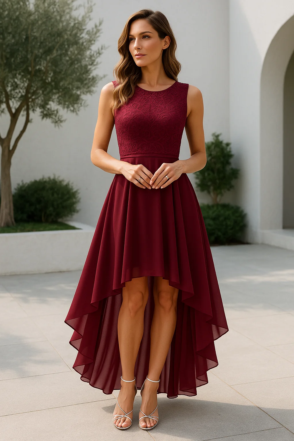 Damen Midikleid ?rmellos mit asymmetrischem Saum | Elegantes tailliertes Sommerkleid mit flie?endem Rock f��r festliche Anl?sse