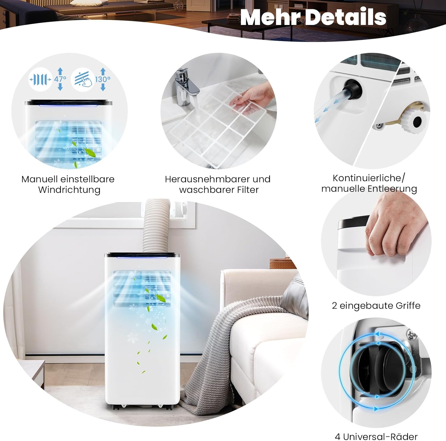 GOPLUS Mobile Klimaanlage mit Abluftschlauch 9000 BTU, Kühlen & Ventilieren & Entfeuchten 42L/Tag & Heizen & Schlafmodus, für Räume bis 60 m³(20 m²), App/Fernsteuerung, inkl. komplettes Fenster-Kit