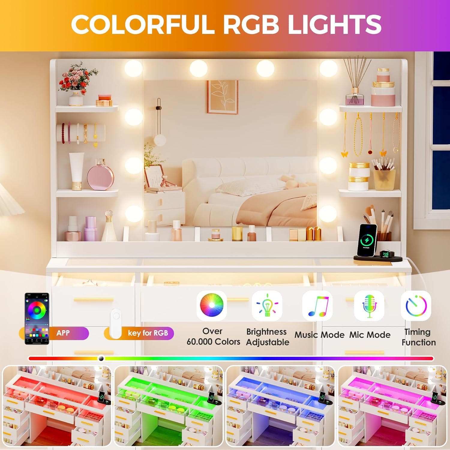 ANWBROAD Schminktisch mit Spiegel und Verstellbaren LED-Beleuchtung 3 Farben Transparente Glasplatte Große Schminktisch mit Steckdose 9 RGB-Schubladen 4 Ablagen weiß BDT95W