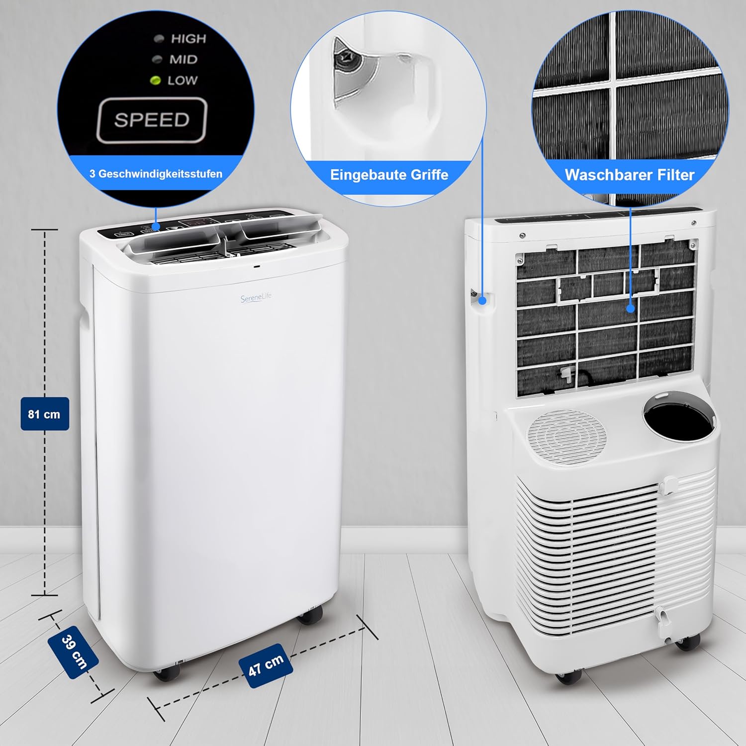 SereneLife Mini Klimaanlage mobil, 3-in-1 mobiles Klimagerät mit Abluftschlauch – Luftkühler, Luftentfeuchter & Ventilator, Air conditioner – 9.000 BTU, 1,5L Feuchtigkeit/Stunde, kühlt Räume bis 42 m2