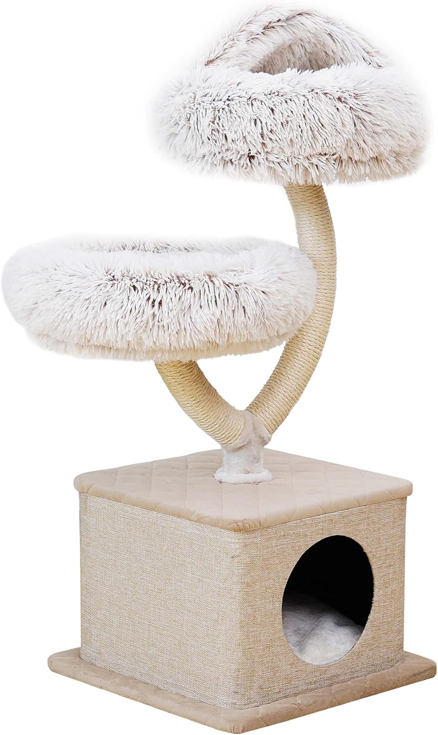 Fudajo Designer Krabpaal in Takontwerp 130 cm hoog, Kattenkrabpaal met Pluche en Sisal, Klimboom voor Katten, Kattenboom met Hanggemat