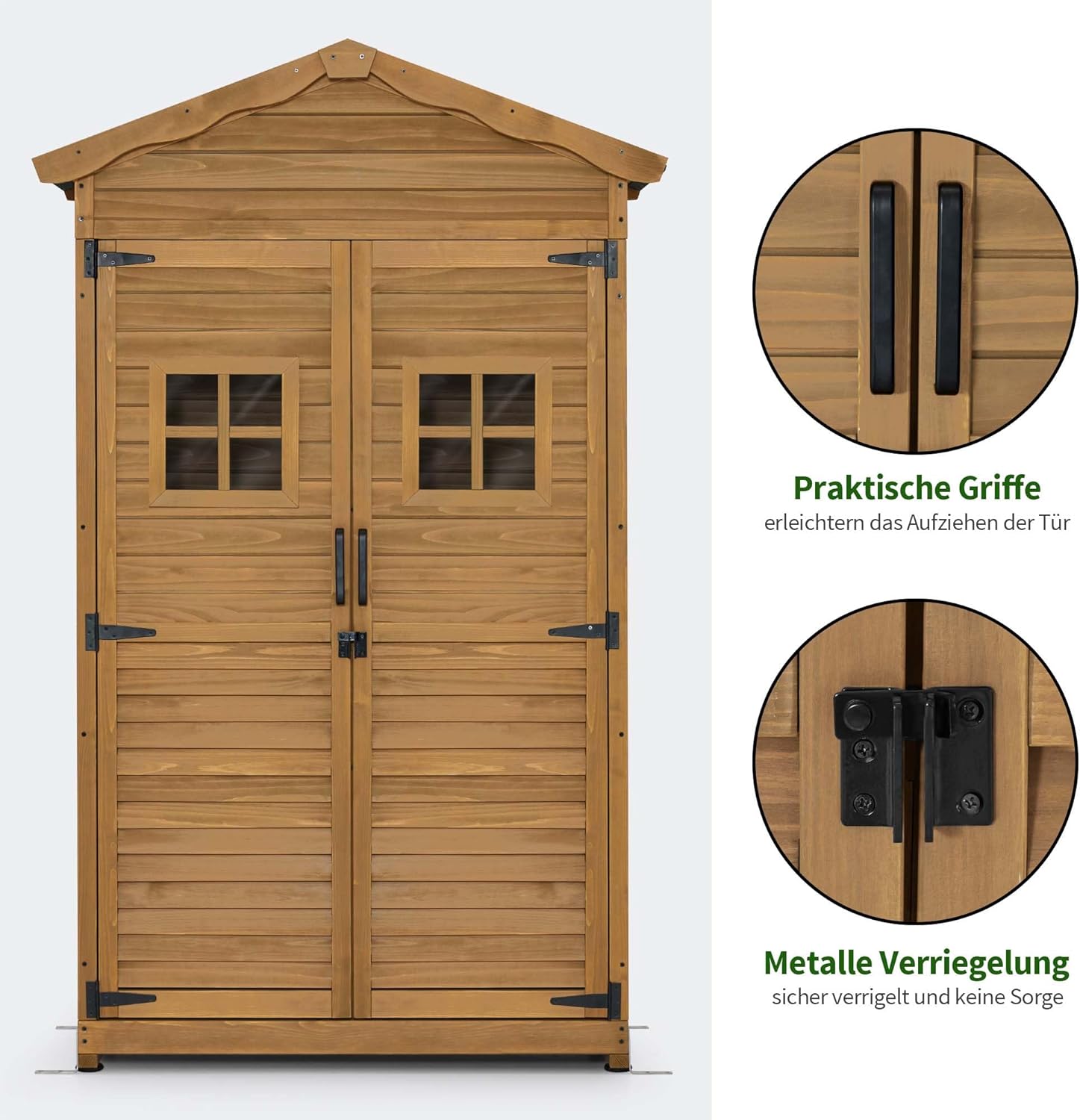 M MCombo Gartenschrank Gartenhaus Holz Wetterfest, Geräteschrank Gerätehaus Outdoor, für Außenbereich Garten Terrasse, Geräteschuppen mit 2 Bewegliche Regale, 57×109×180 cm, 1152 (Natur)