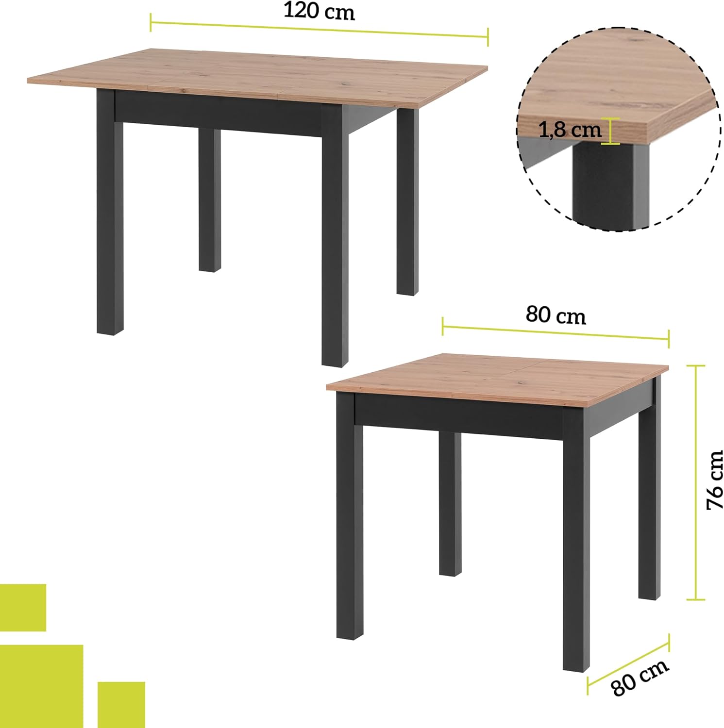 smart Esstisch 80x80 cm Asteiche, Küchentisch ausziehbar bis 120 cm, Esszimmertisch aus Holzwerkstoff inkl. erweiterbare Auszugsplatte, moderner Tisch für bis zu 6 Personen