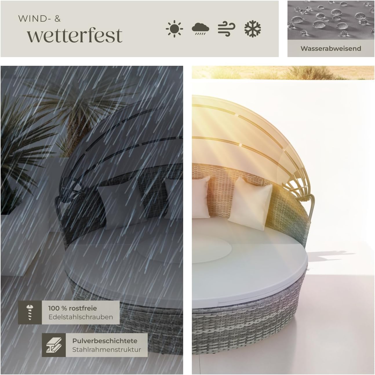 tectake® Lounge Muschel Sonneninsel Outdoor wetterfest, Gartenmuschel, Sonnenliege 2 Personen und mehr, multifunktionales Terrasse oder Balkon Möbel, Gartenliege wetterfest - grau