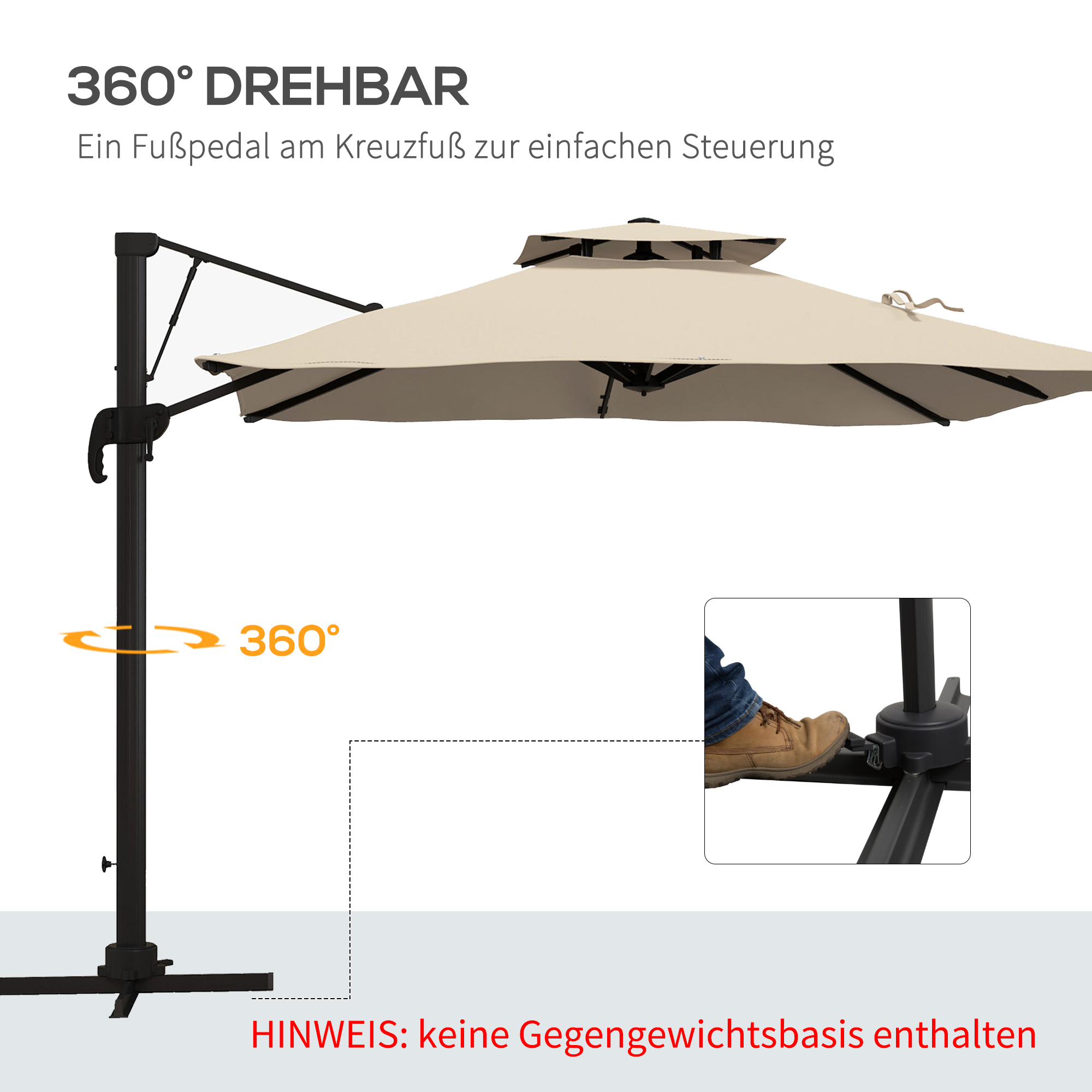 Outsunny Zweefparasol 2.94x2.94, Aluminium, Khaki