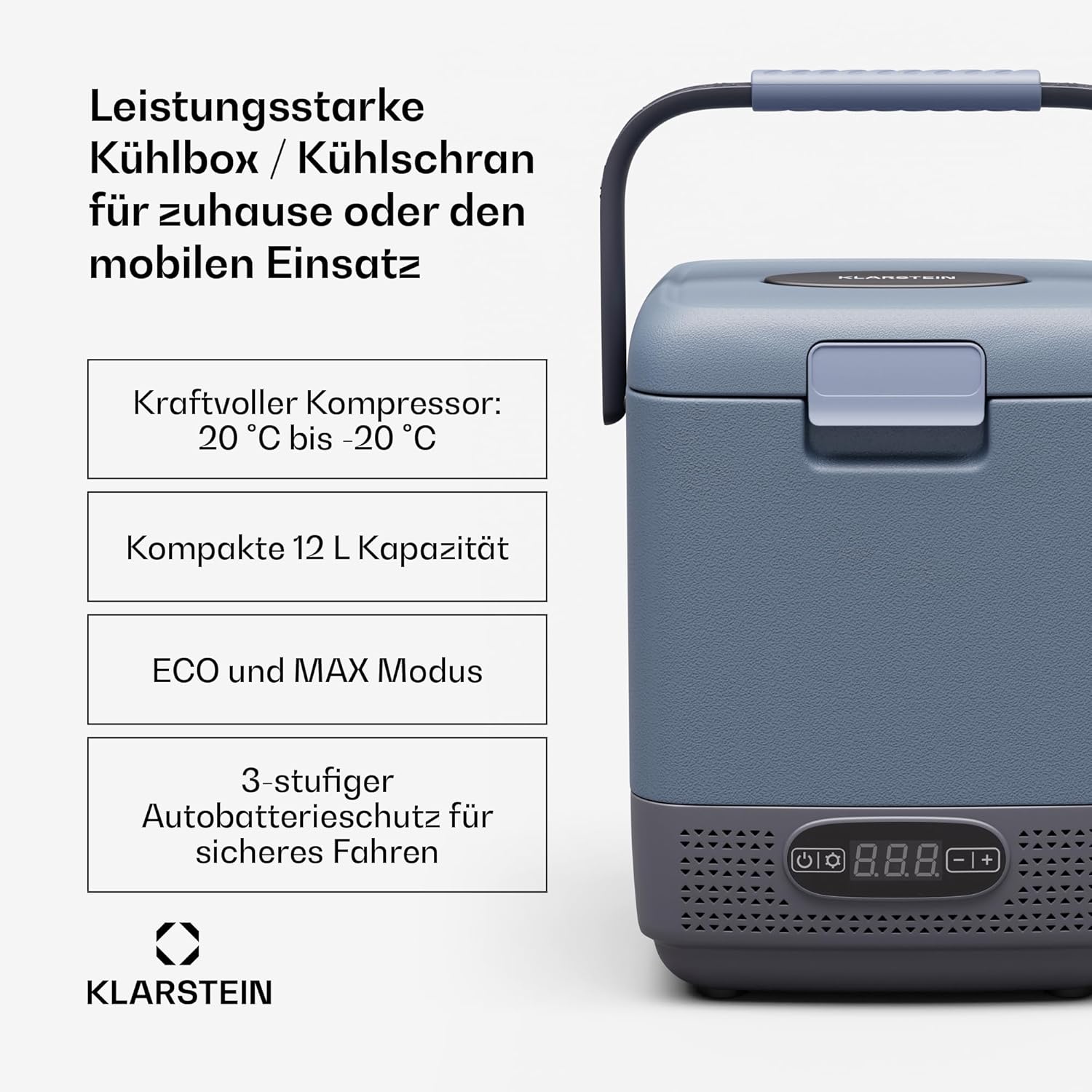 Klarstein SwiftFrost 12L Kompressor Kühlbox mit Gefrierfach – tragbare elektrische Kühlbox, LED-Anzeige, Dual Power (12 V/230 V), –20 °C bis 20 °C, ECO- und MAX-Modus, ideal für Camping und Auto