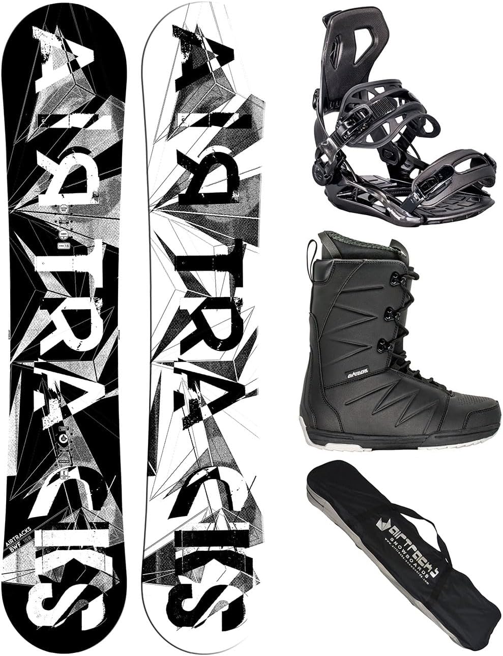 Airtracks Herren Snowboard Set Freestyle Freeride Board BWF Camber Wide + Snowboard Bindung Master + Snowboardboots + Sb Bag 155 159 161 165 171 cm