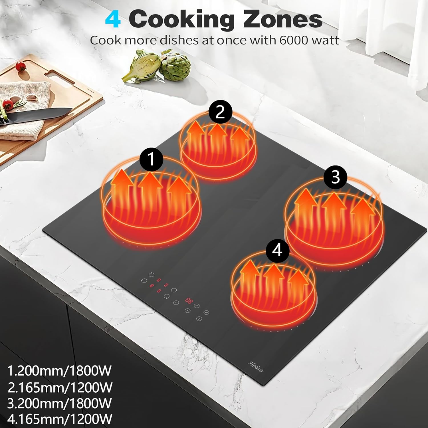 Glaskeramikkochfeld 4 Zonen Kochfelder Sensor-touch Control Kochfeld Autark 60cm, 6000W, 9 Leistungsstufe, verkabelt, kein Stecker