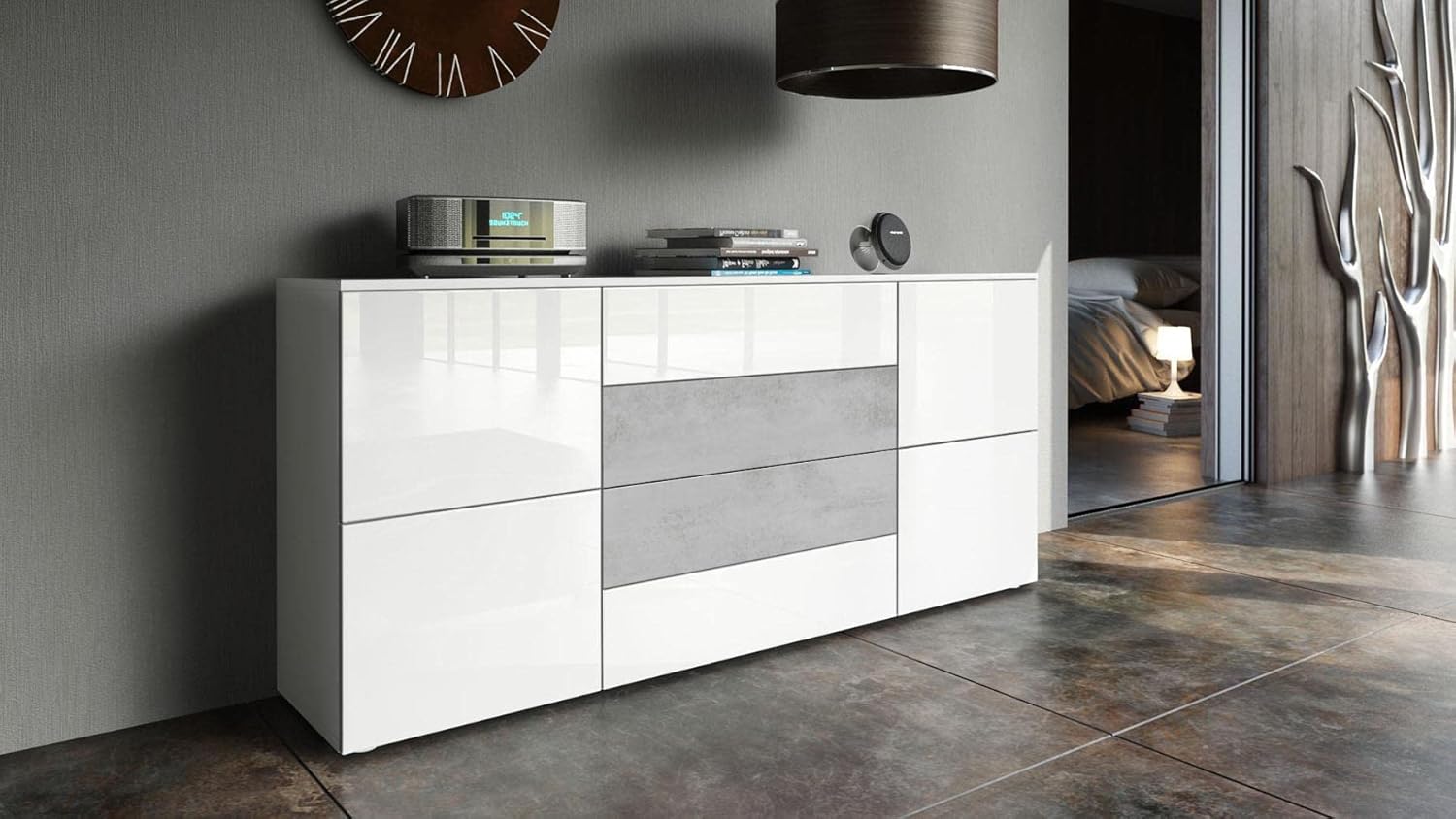Vladon Sideboard Rova, Made in Germany, Kommode mit 4 Türen und 4 Schubladen, Weiß matt/Weiß Hochglanz/Beton Oxid Optik (166 x 72 x 35 cm)
