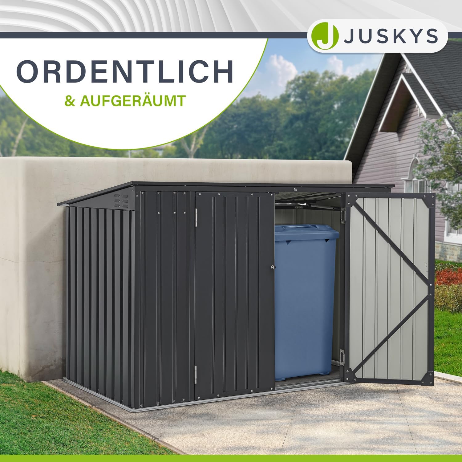 Juskys 3er Mülltonnenbox Namur 3 x 120 Liter Tonnen - 2m² - 2 Türen - Metall Mülltonnenverkleidung Müllbox Müllhaus Aufbewahrungsbox