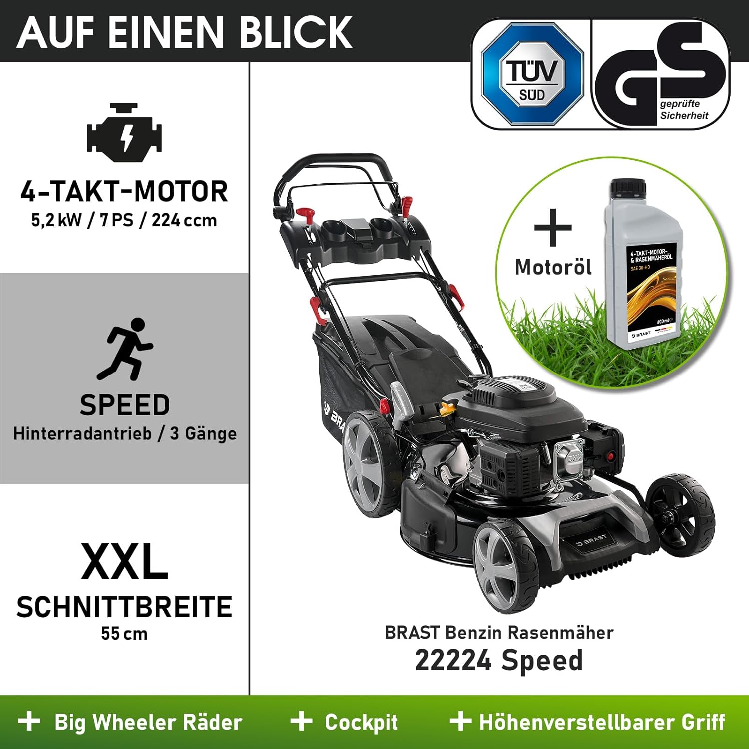 BRAST Benzin Rasenmäher mit Antrieb | 5,2kW (7PS) | 55cm Schnittbreite | viele Modelle | TÜV | 30-80mm Schnitthöhe | 60L Fangkorb | 4 Takt OHV Motor | Stahlgehäuse | Power