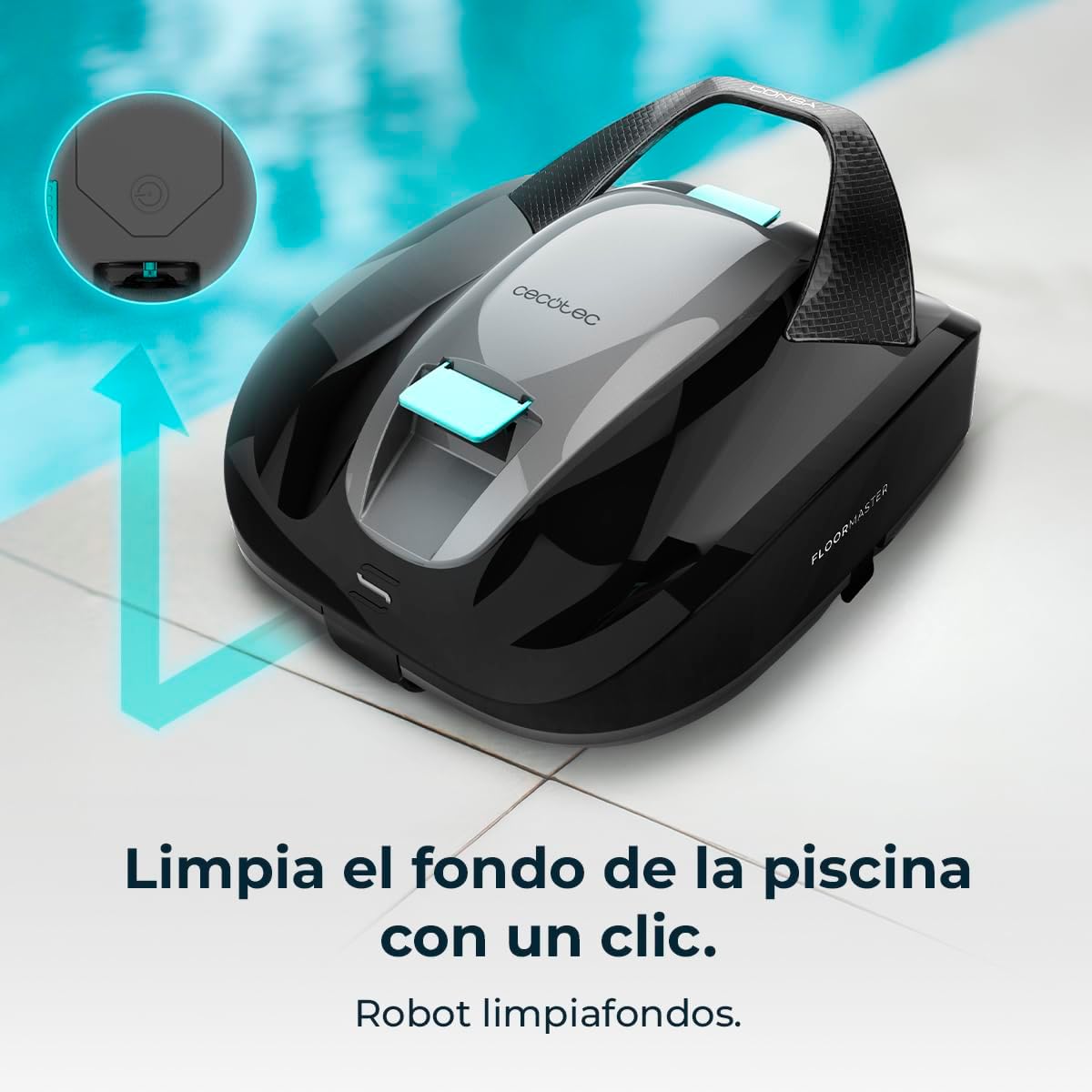 Cecotec Robot Limpiafondos sin Cable para Piscinas sin Pendientes Conga Pooldroid 2000 FloorMaster M. Superficies 80m2, Profundidad Máxima 2,5m, Autonomía 100mins, Filtro Alta Eficiencia 100μm, 2,5L