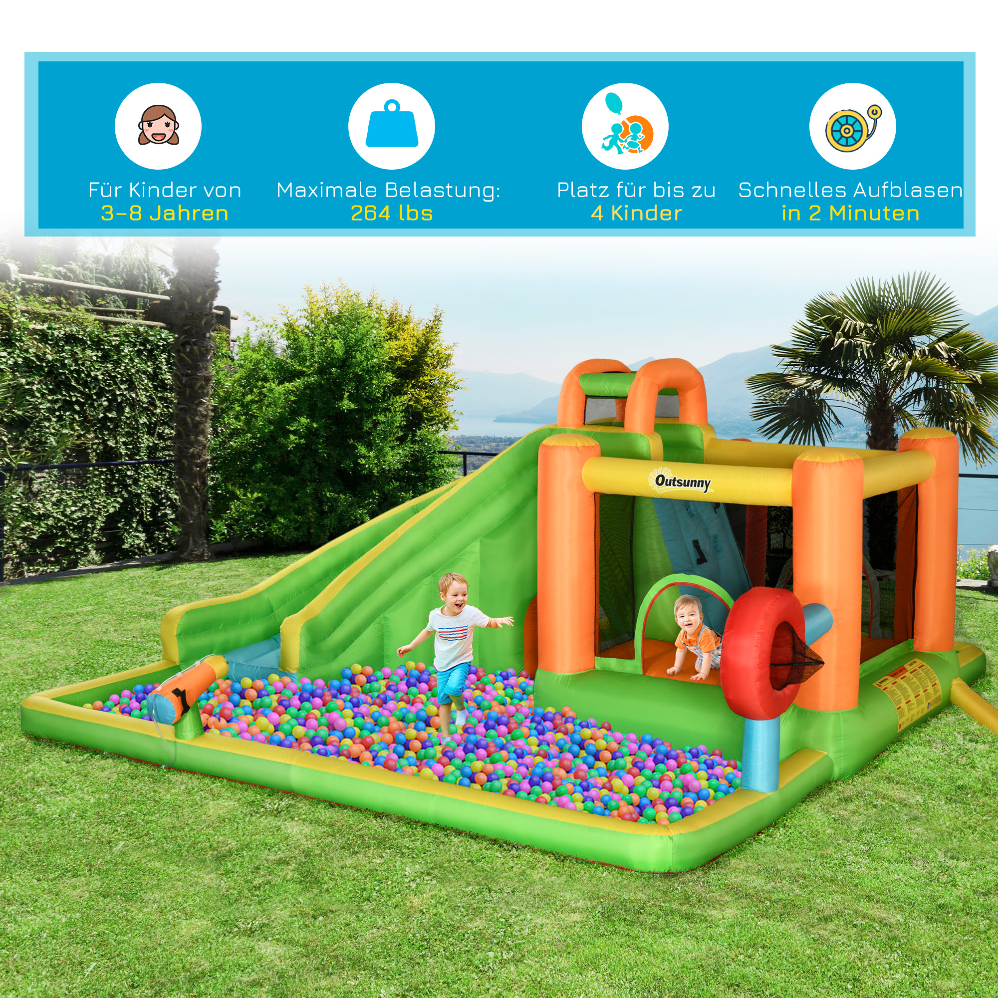 Opblaasbaar springkasteel met glijbaan, springkussen, 2 waterbaden, bokszak, 478 x 440 x 210 cm