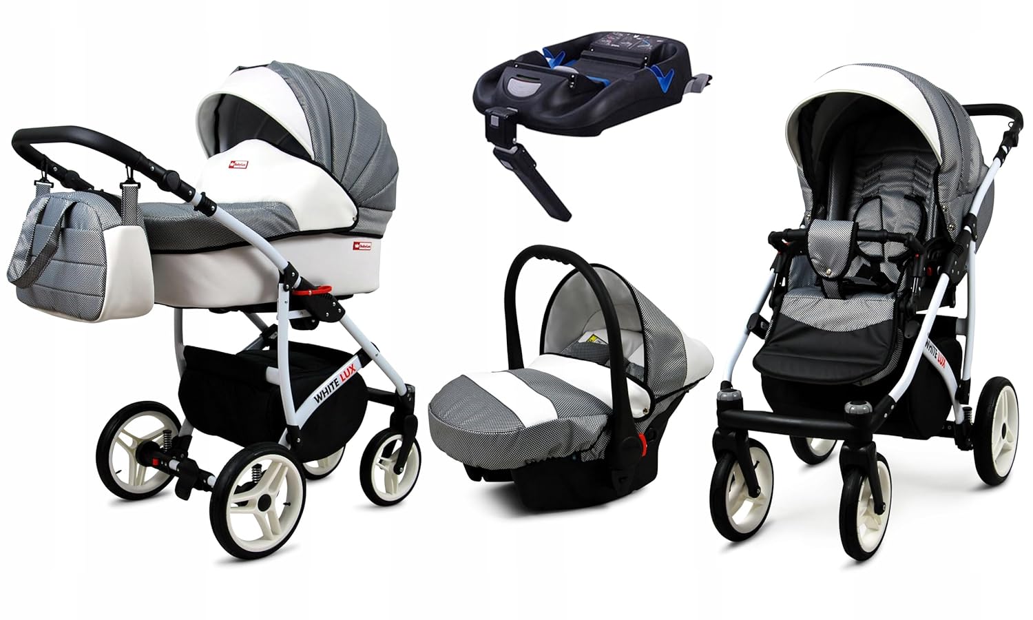 BabyLux® Bambimo Kinderwagen Set 3 in 1 - White Lux - incl. Babywanne, Buggy Sportsitz, Auto-Babyschale - Autositz - Kinderwagenset - Kombikinderwagen mit Wickeltasche, Regenschutz usw.